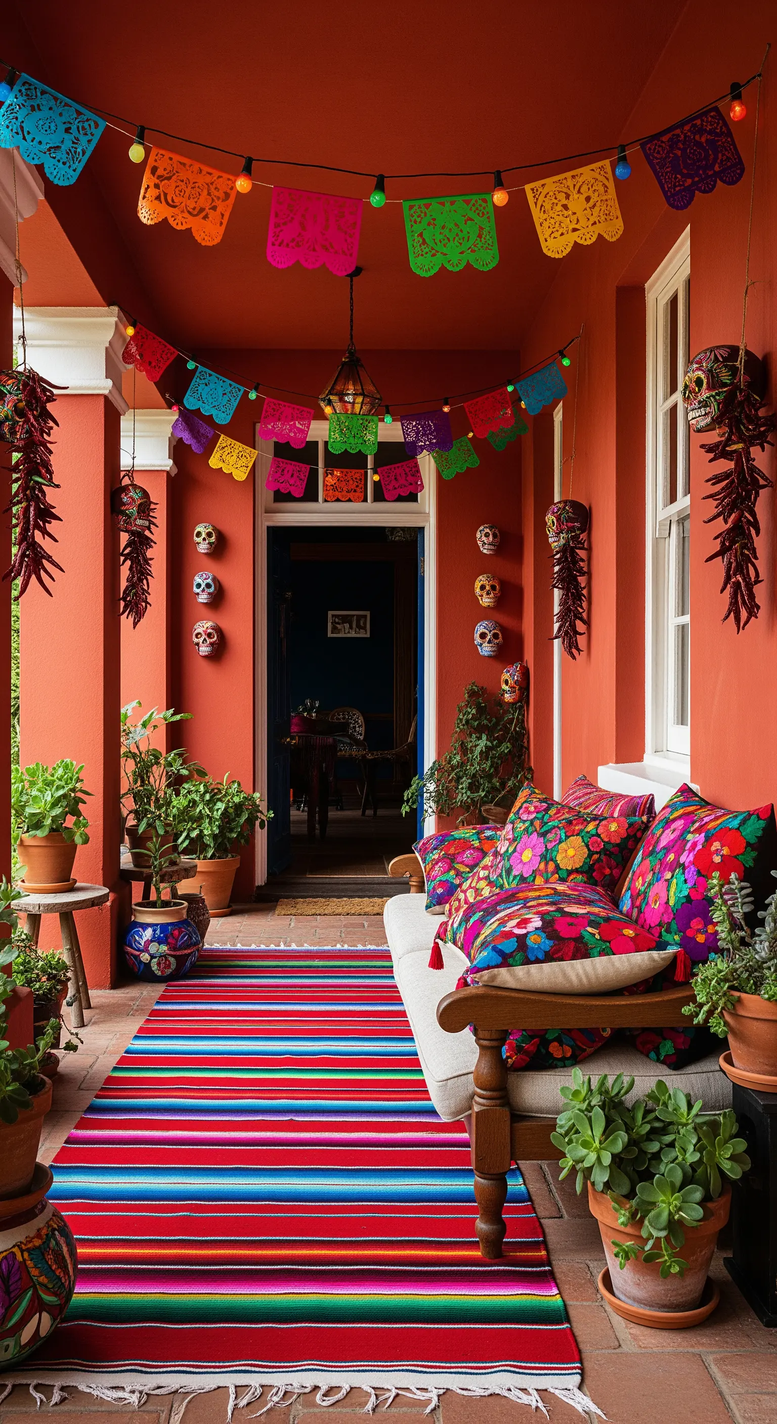 Portico messicano color terracotta con tappeto a righe, cuscini fioriti e decorazioni.