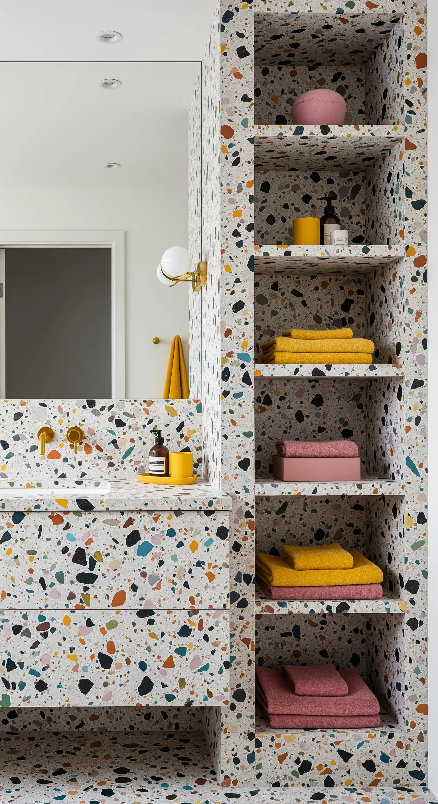 Libreria e lavabo realizzati in terrazzo alla veneziana, con asciugamani colorati.