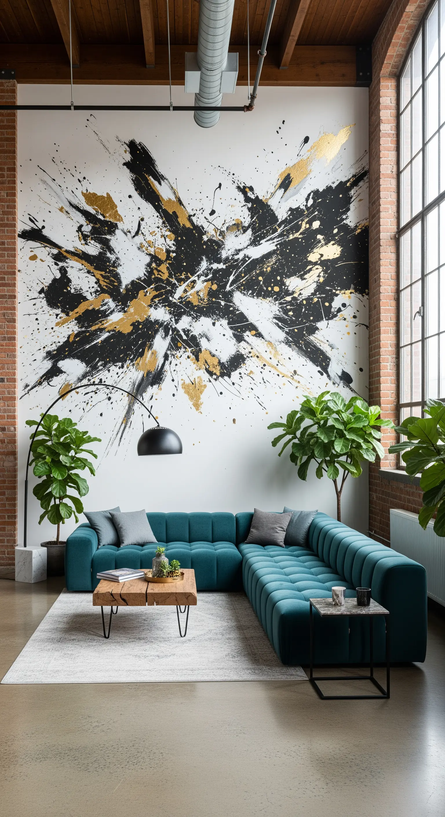 Soggiorno in stile loft con murale astratto nero e oro su parete bianca e divano a L color petrolio.