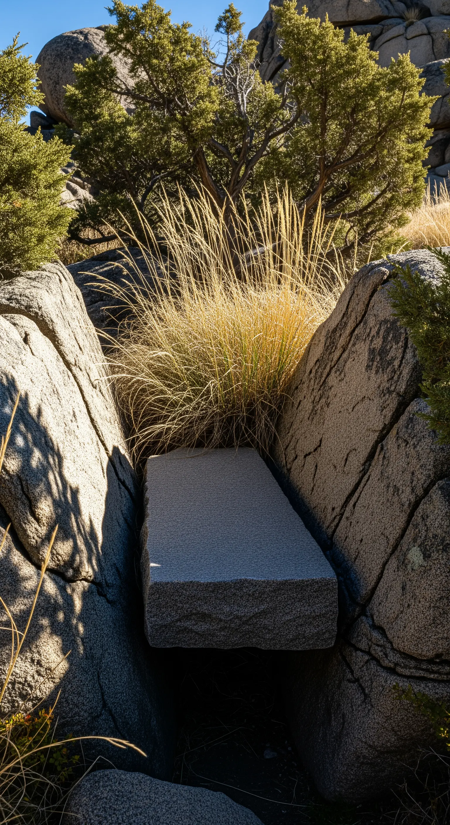 Panchina minimalista formata da una lastra di pietra sospesa tra due grandi rocce.