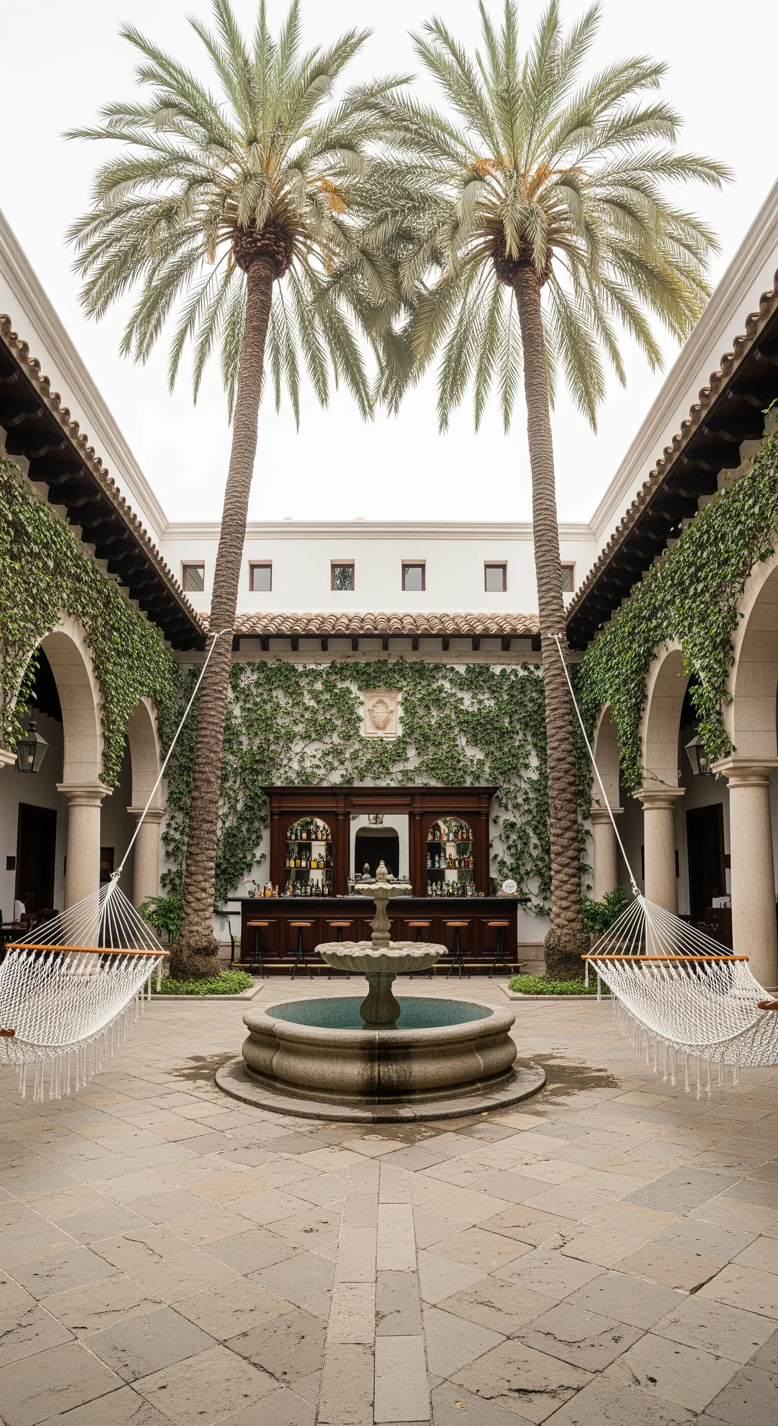 Cortile con fontana centrale, due amache bianche simmetriche e un bar classico sul fondo.