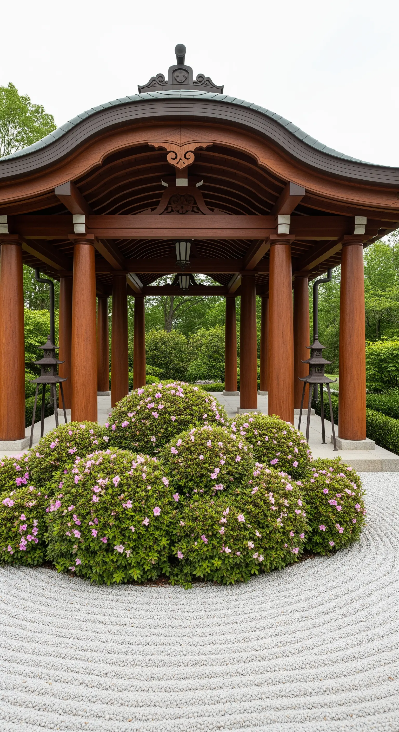 Padiglione giapponese in legno con colonne scure, circondato da un giardino zen di sabbia e azalee