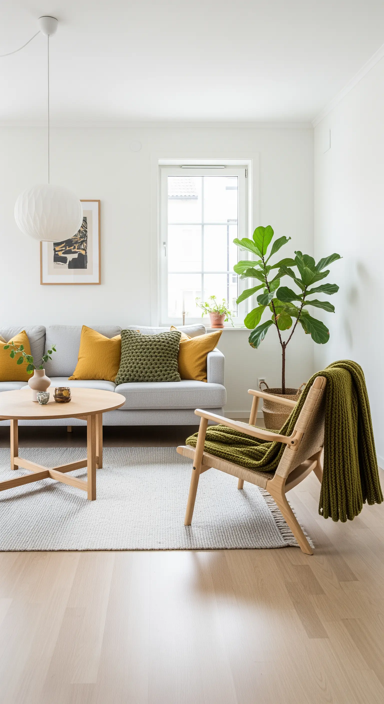 Soggiorno scandinavo con cuscini senape e verde oliva su un divano grigio.