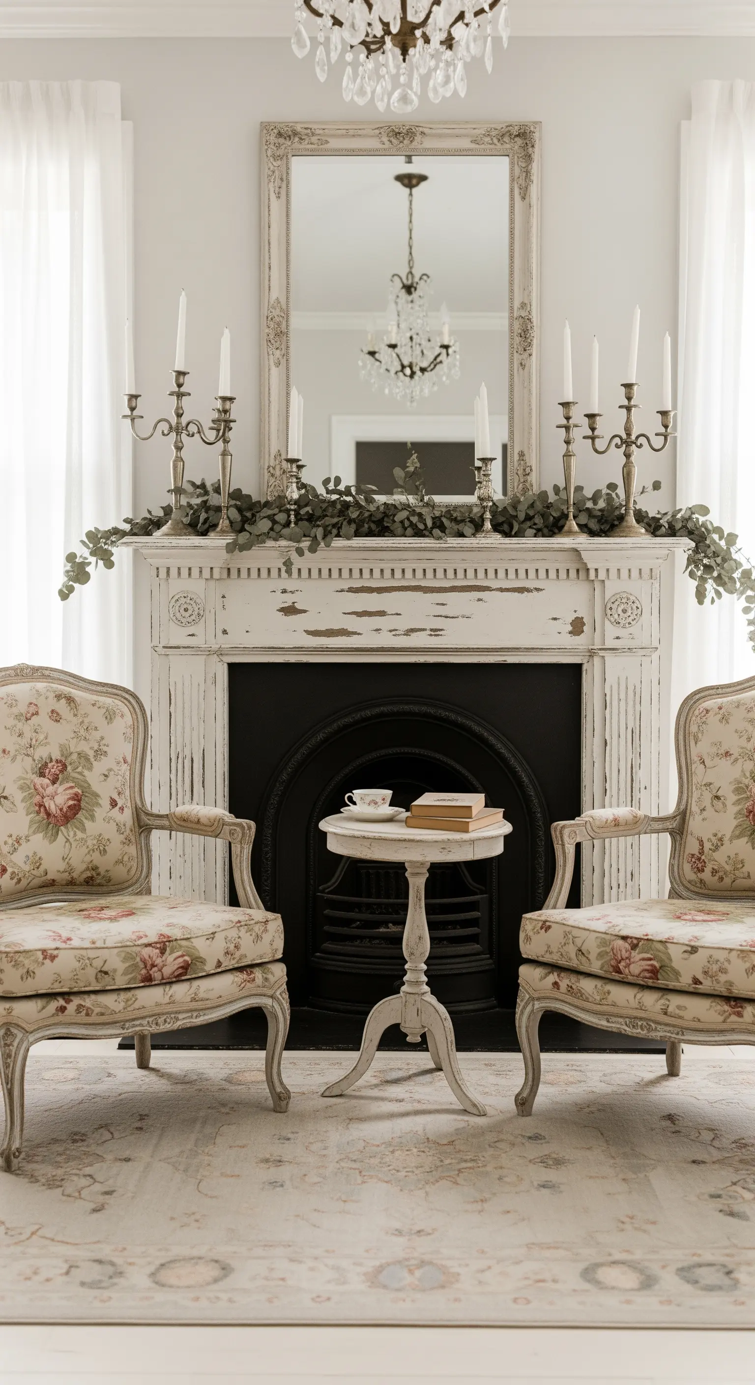 Coppia di poltrone floreali ai lati di un camino bianco decapé, con candelabri.