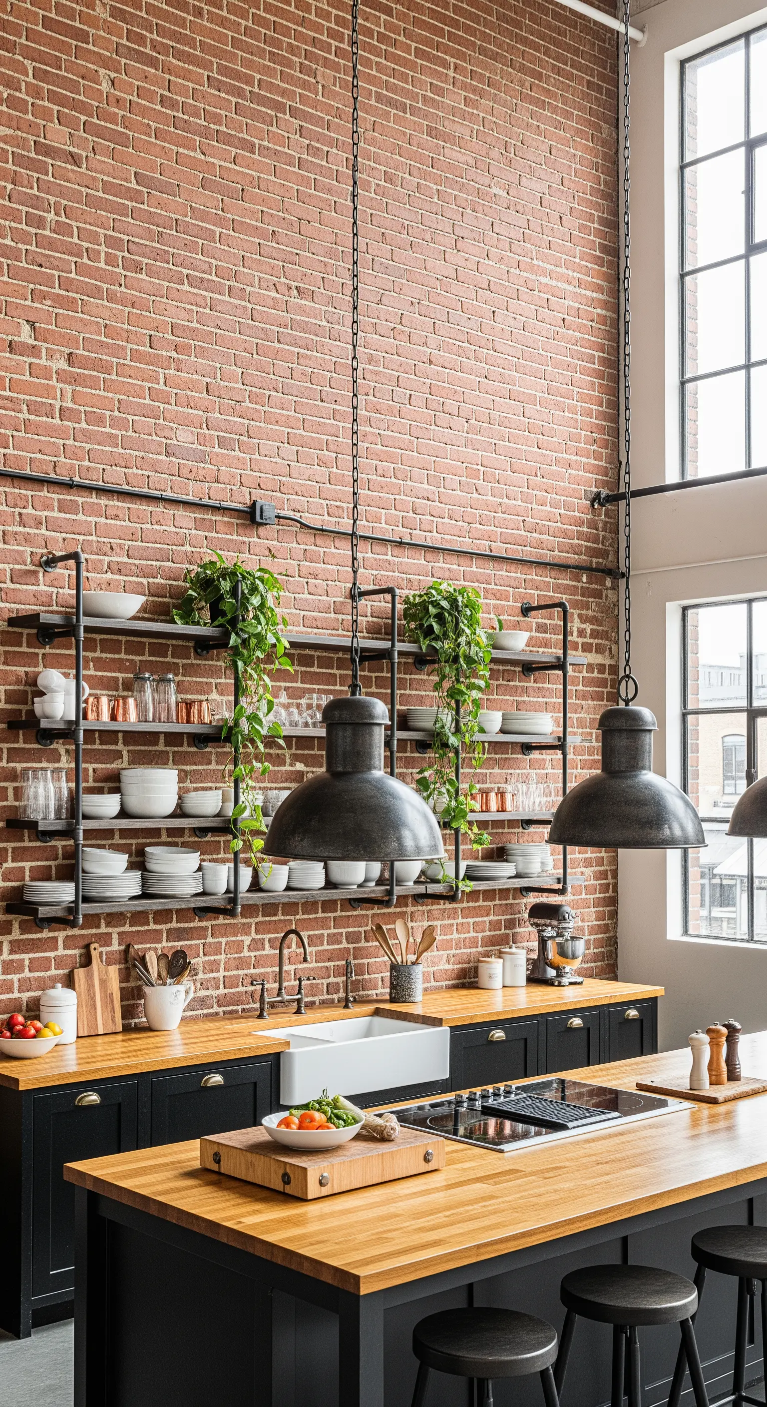 Cucina industrial con parete in mattoni rossi, scaffalature in metallo nero e grandi lampade.
