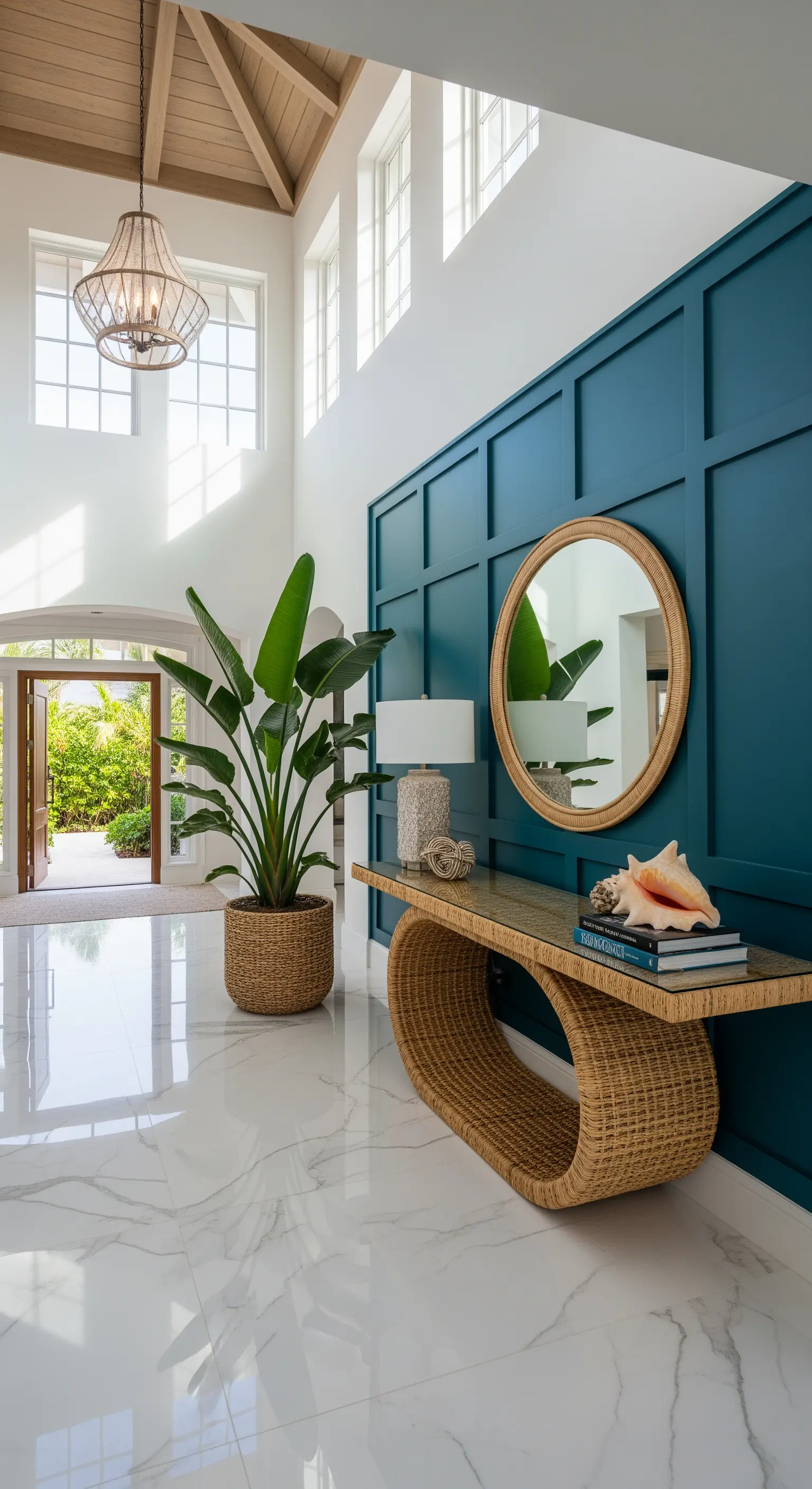Ingresso luminoso con parete boiserie verde acqua, consolle in rattan e pianta alta.