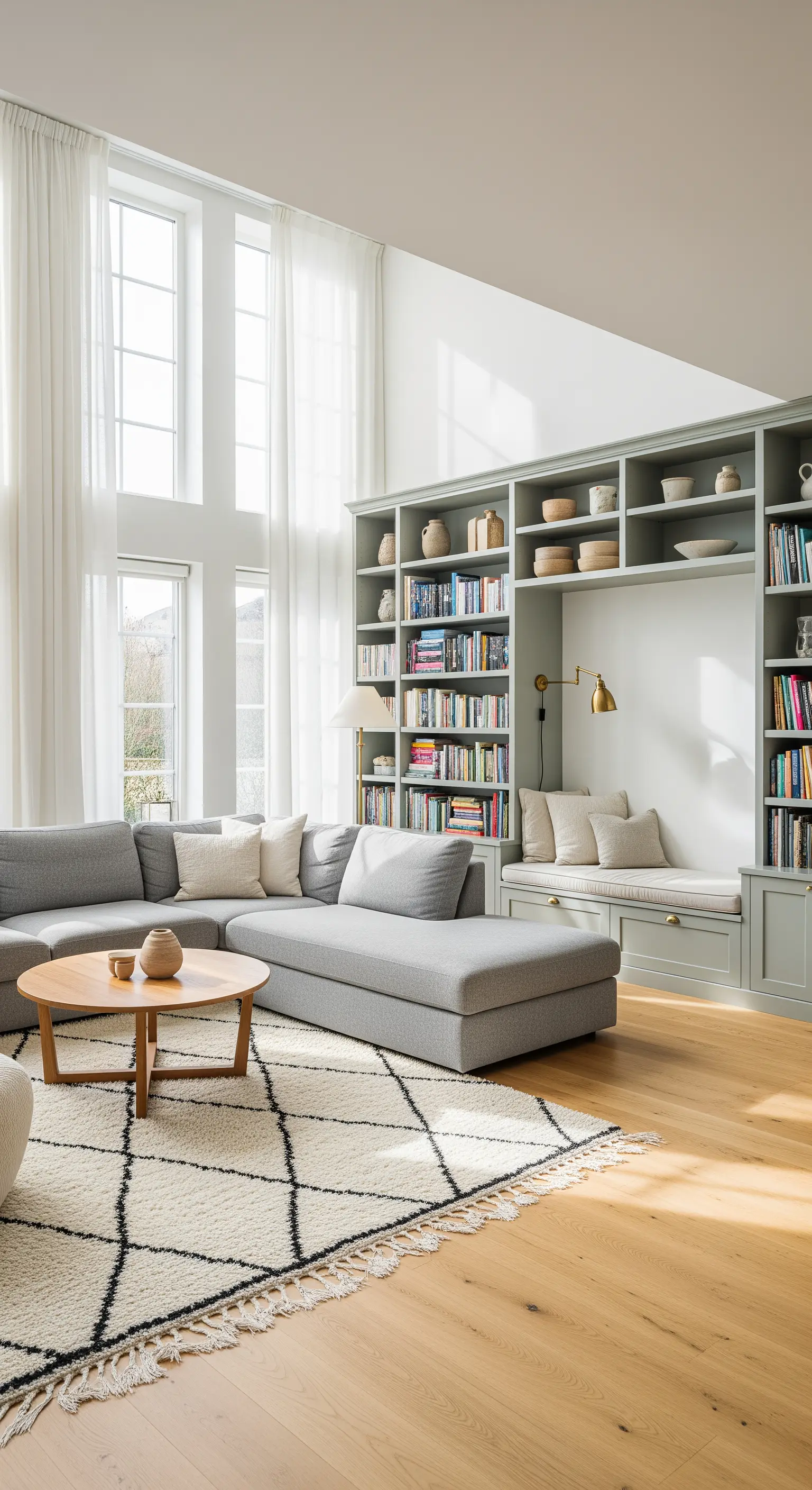 Libreria a parete verde salvia con panca integrata in un soggiorno luminoso con parquet chiaro.