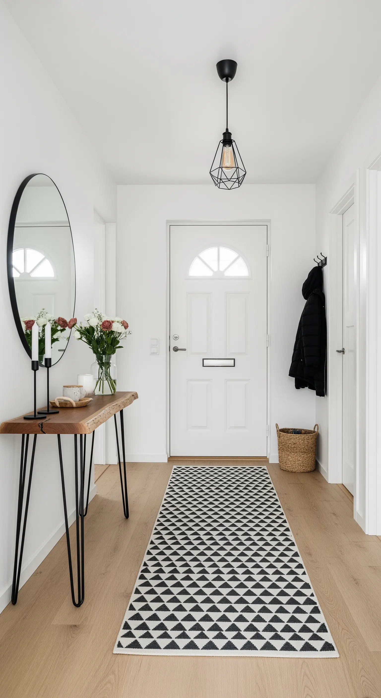 Ingresso con consolle in legno grezzo, specchio rotondo e tappeto geometrico bianco e nero.