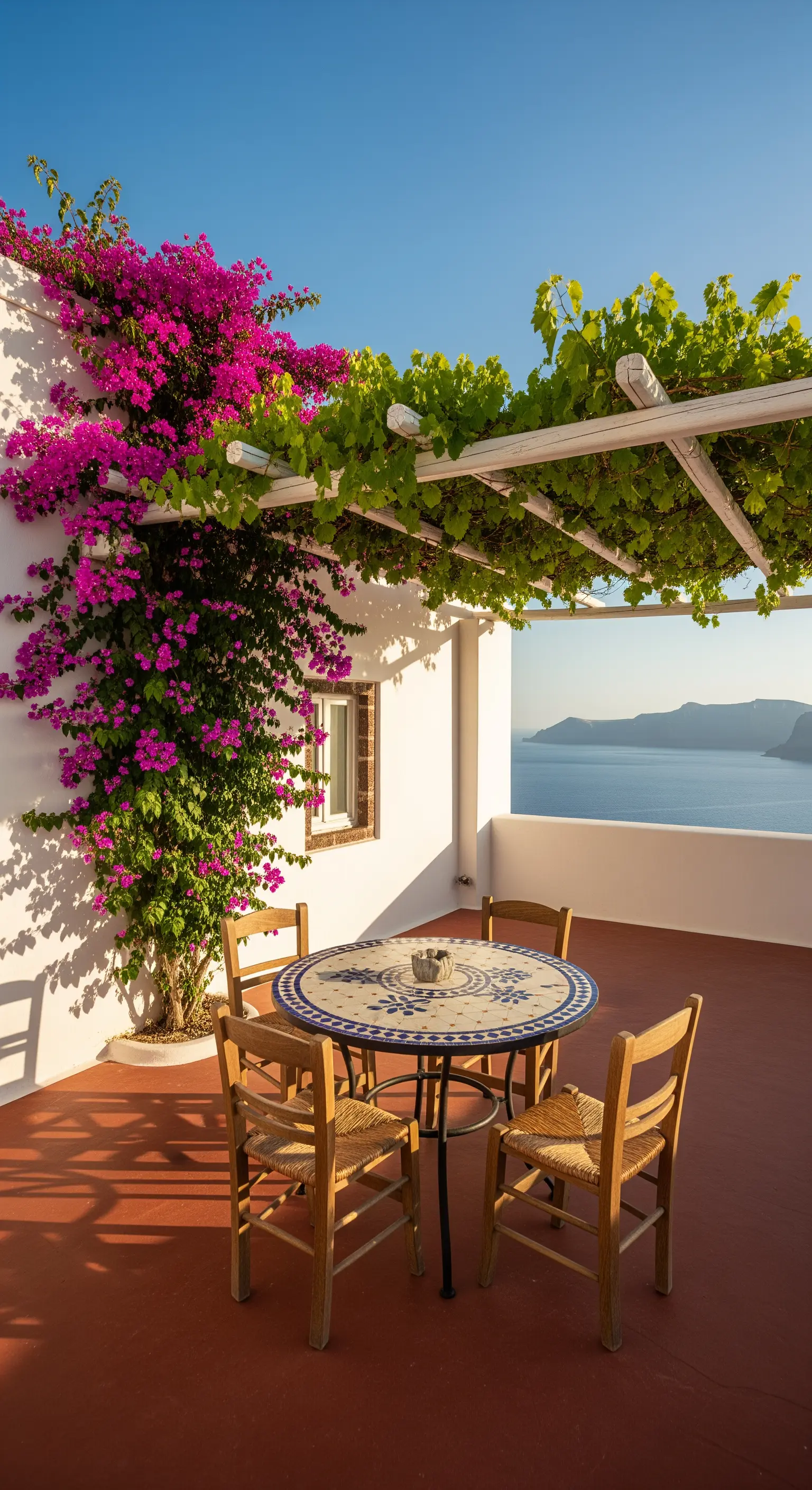 Terrazza vista mare con tavolo in mosaico, bouganville fucsia e pergolato coperto di vite.