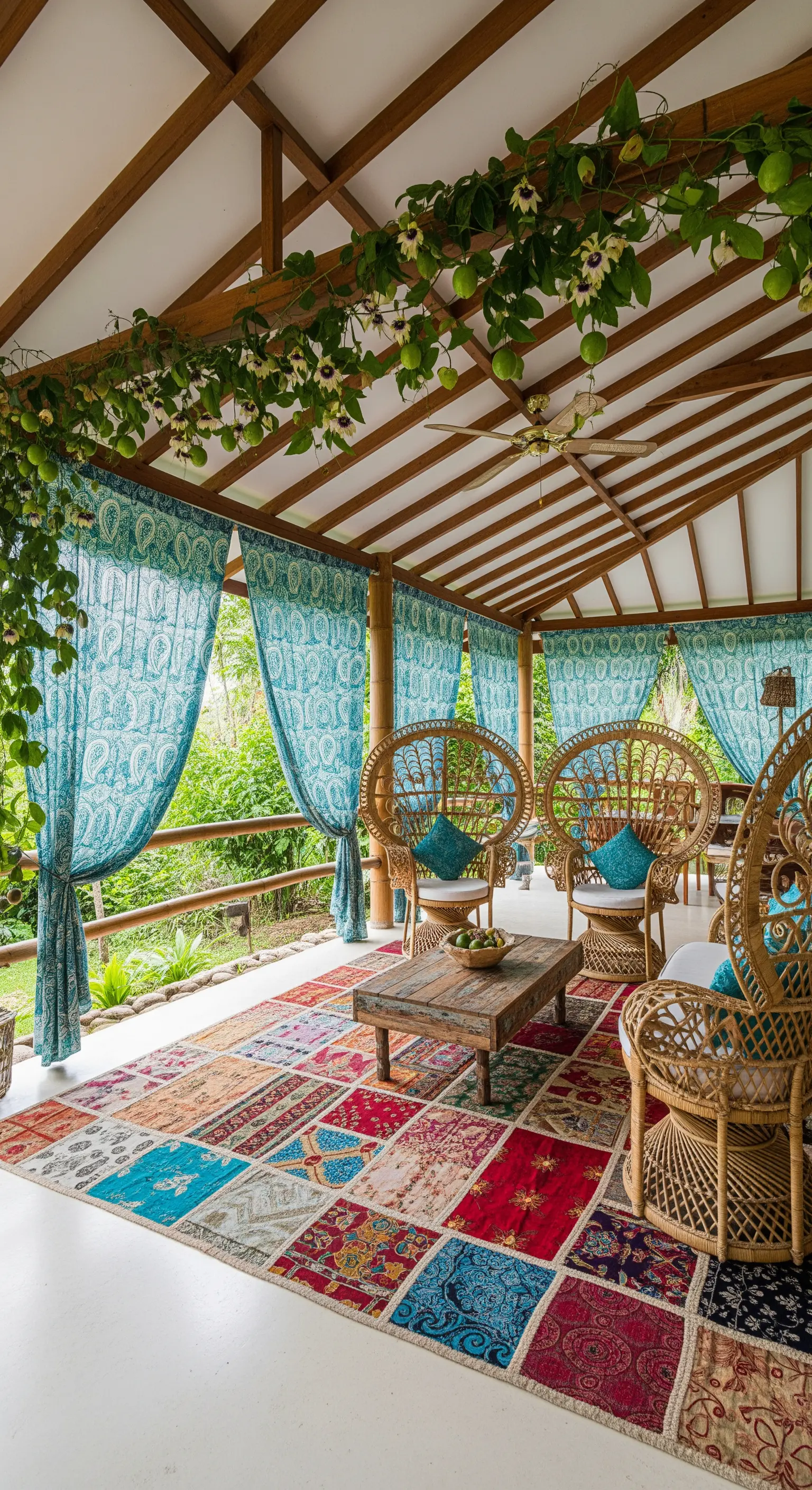 Portico con sedie in rattan, tende turchesi, tappeto patchwork e piante rampicanti sul soffitto.