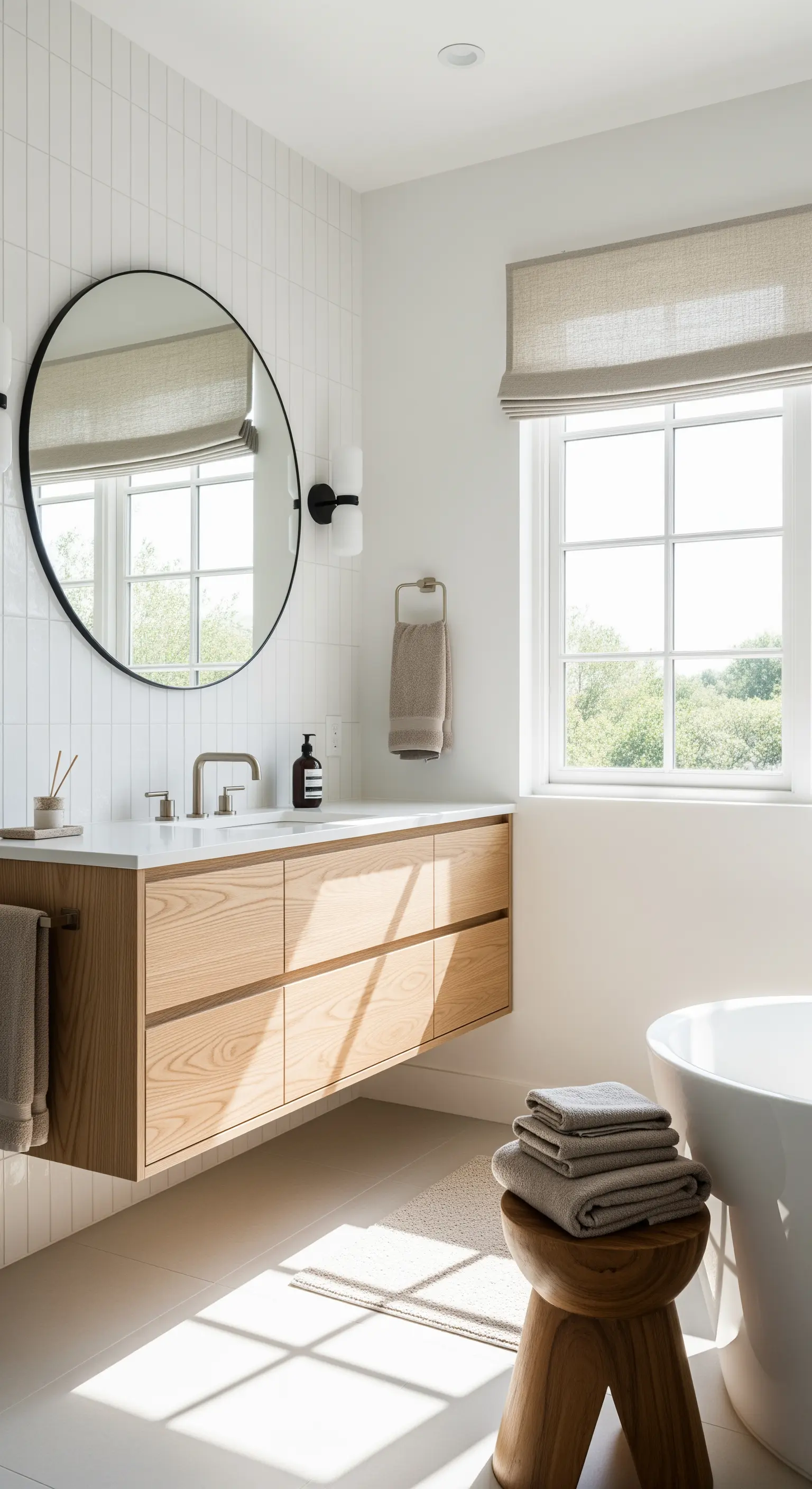 Bagno con mobile sospeso in legno chiaro, piastrelle bianche verticali e specchio rotondo.