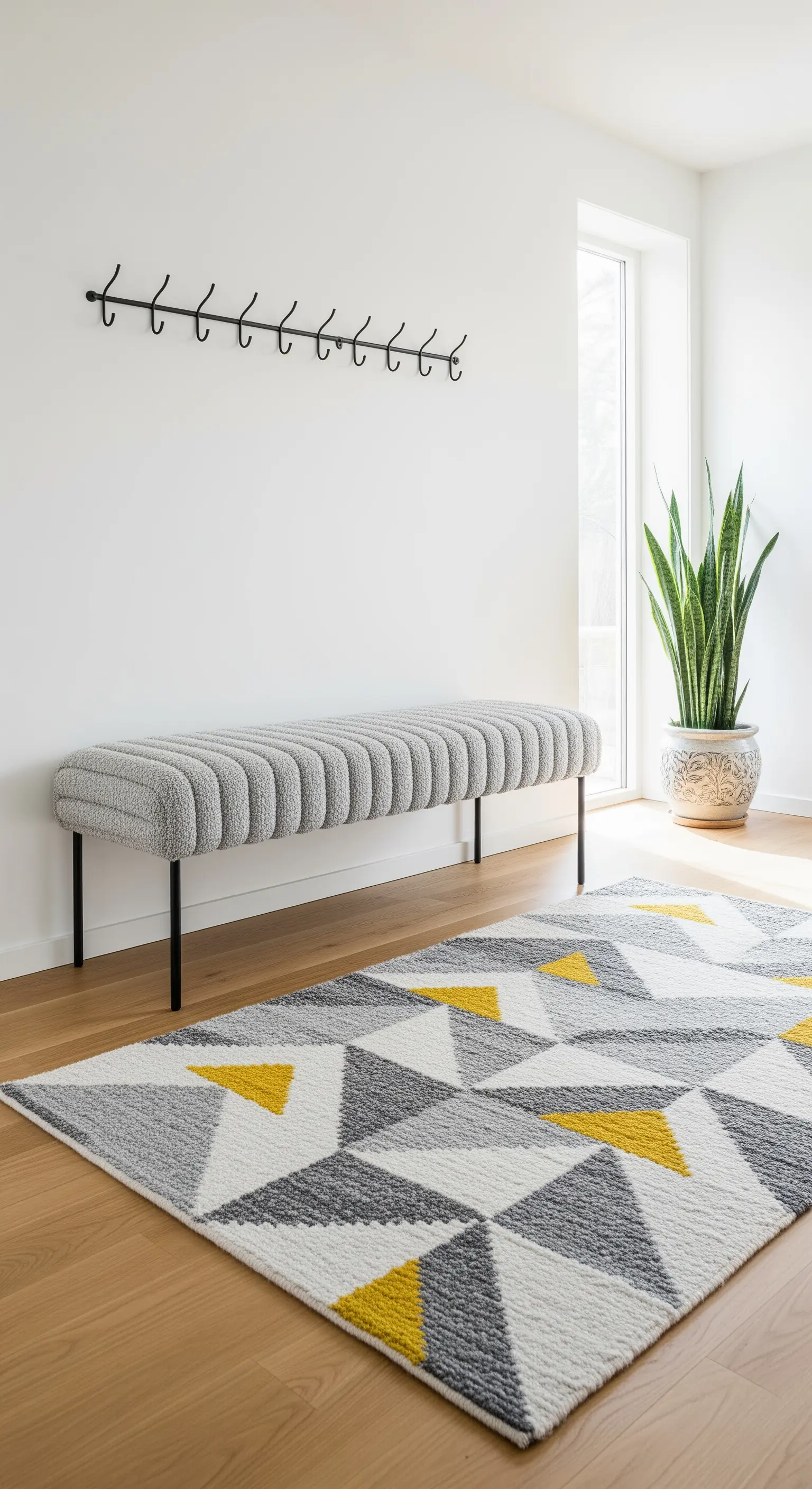 Ingresso minimalista con panca grigia testurizzata e tappeto geometrico giallo e grigio.