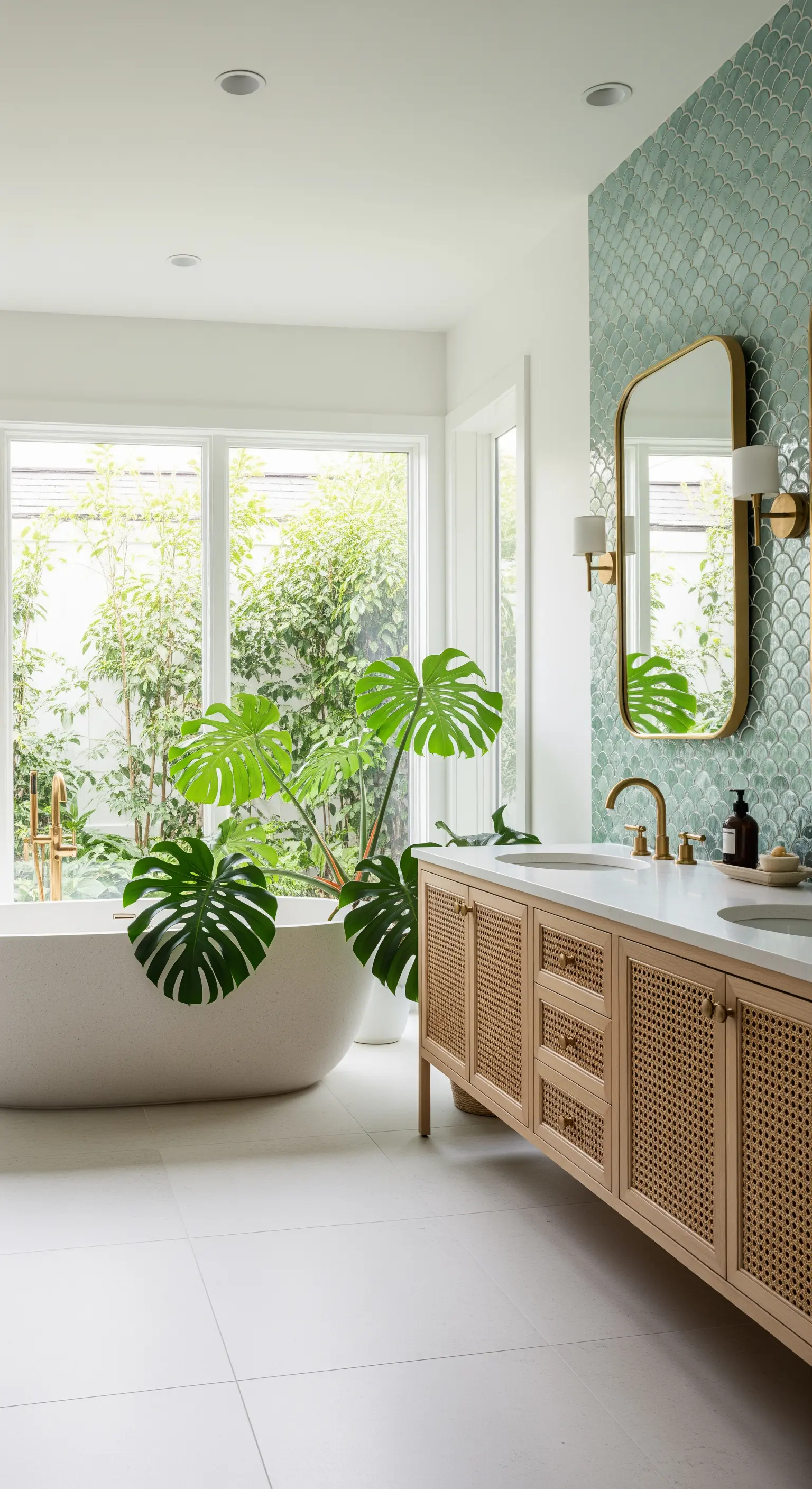 Bagno con mobile in rattan, vasca freestanding e parete di piastrelle verdi a squama.