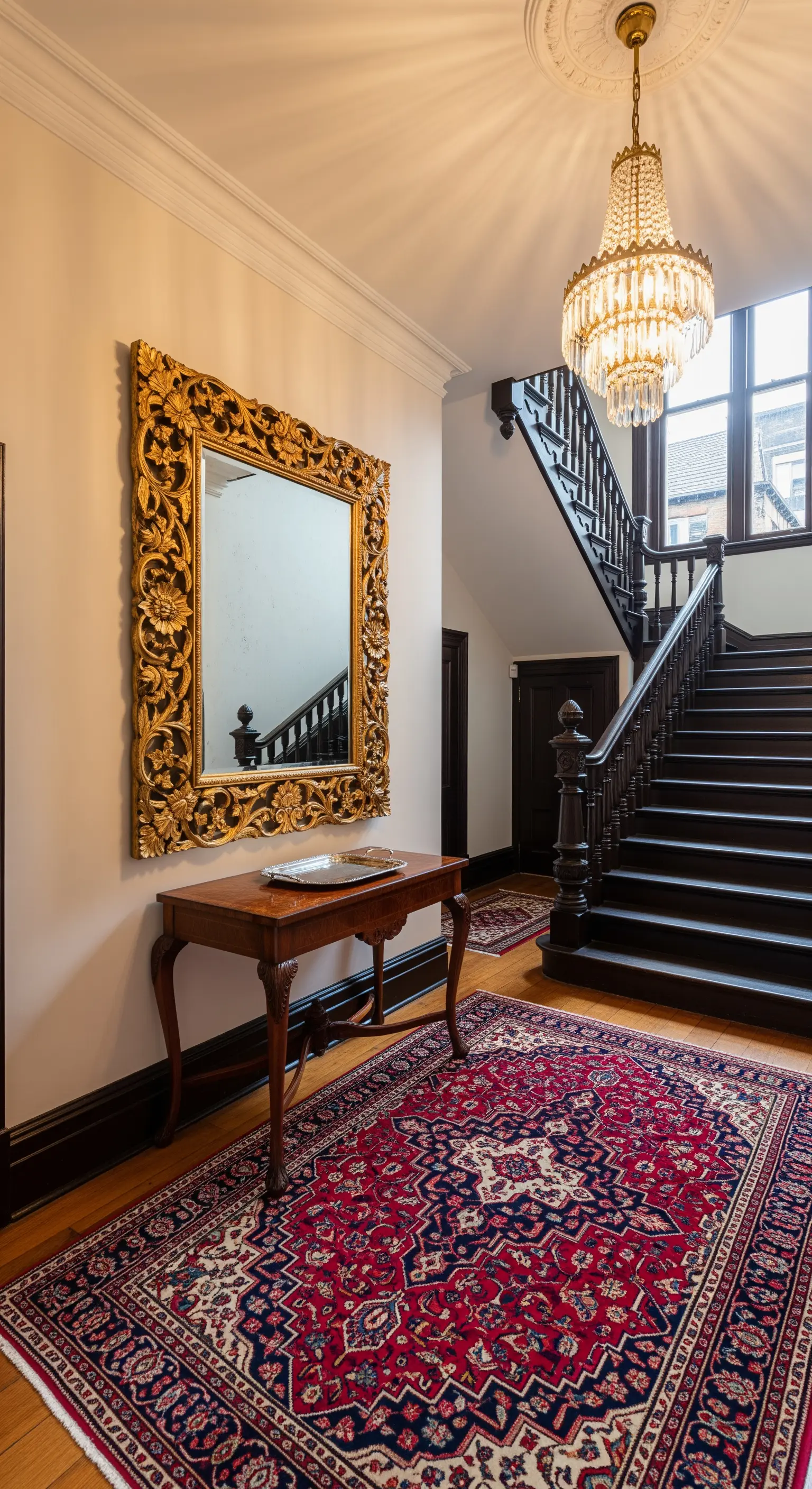 Ingresso con scala in legno scuro, specchio dorato e tappeto persiano rosso.
