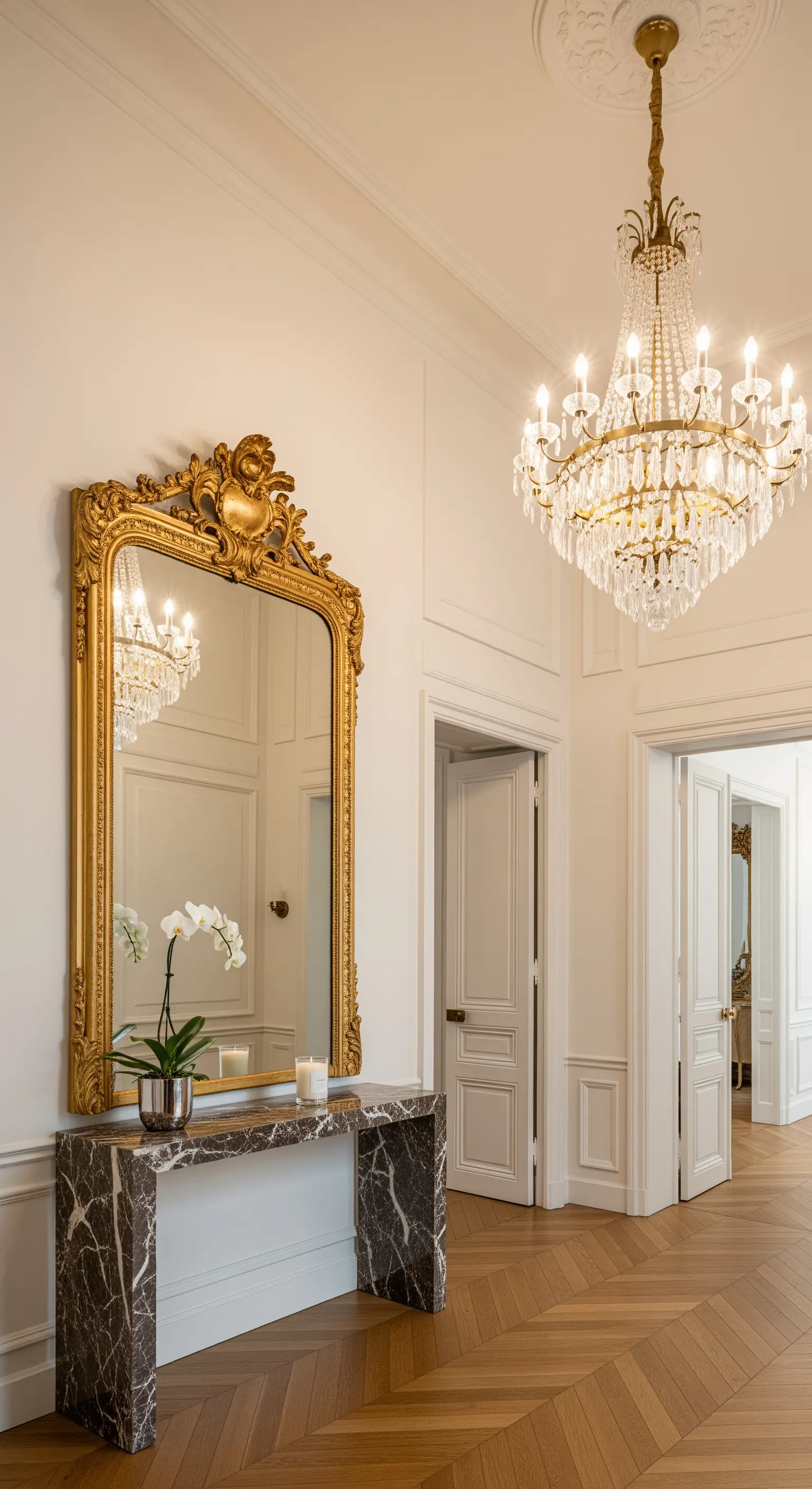 Ingresso classico con specchio dorato, consolle in marmo nero e lampadario in cristallo.