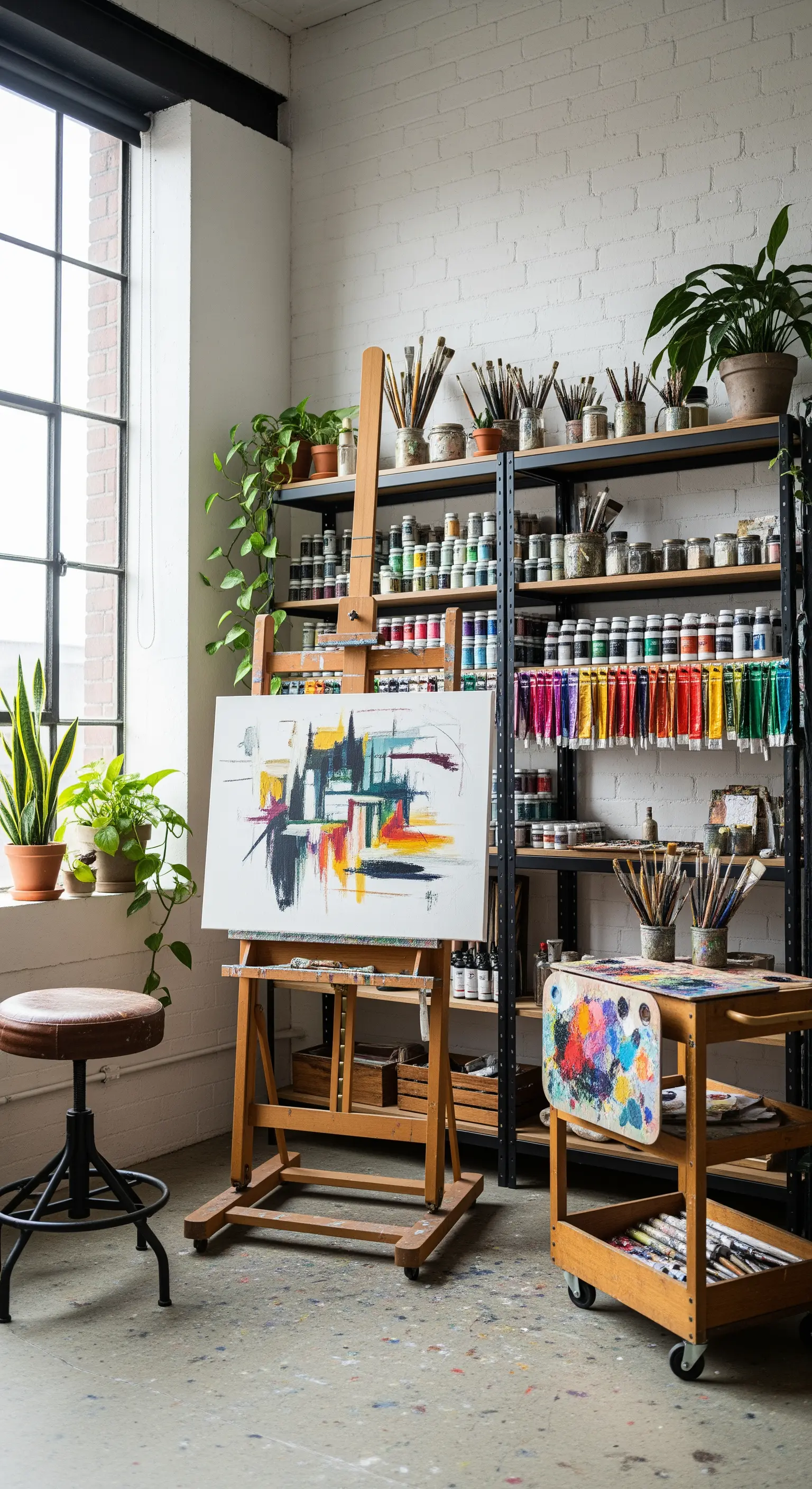 Studio di pittura con parete in mattoni, scaffali in metallo e cavalletto in legno.