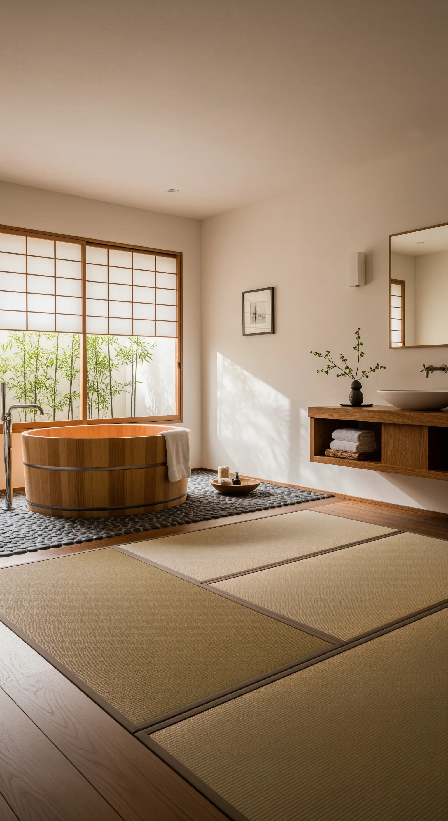 Bagno Zen con vasca in legno, tatami e finestra shoji che diffonde la luce.