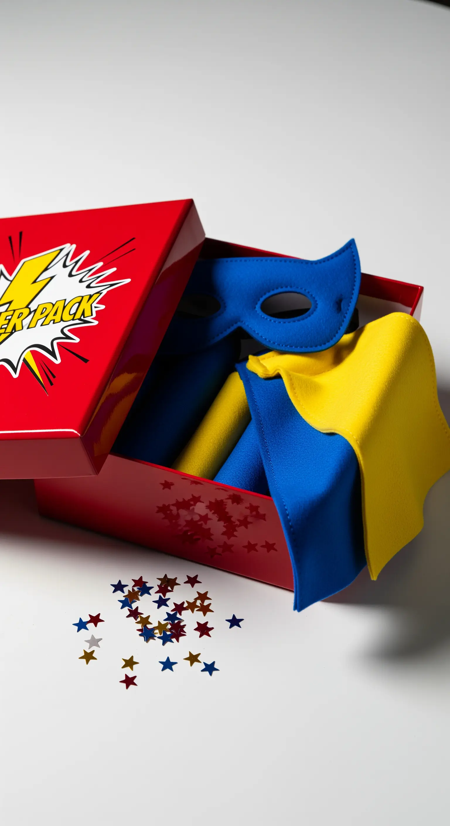Kit da supereroe per bambini con maschera e mantello blu e gialli in una scatola rossa.