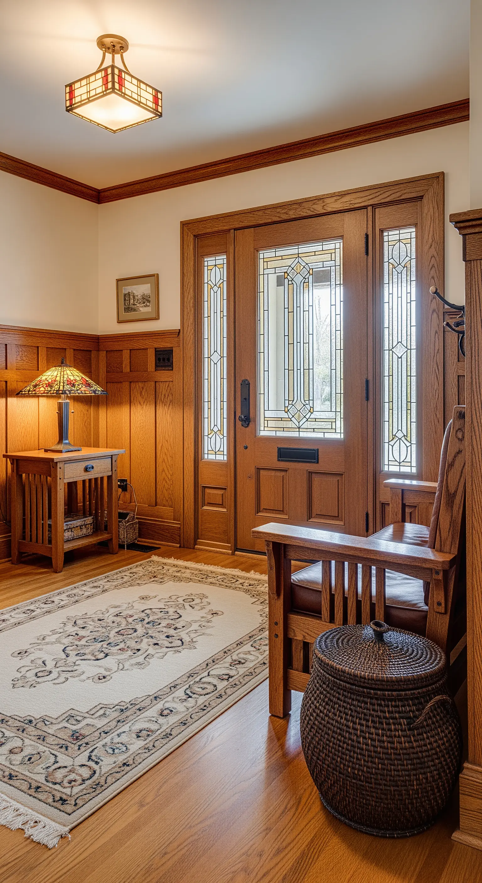 Ingresso in stile Arts and Crafts con boiserie, mobili in rovere e lampada Tiffany.