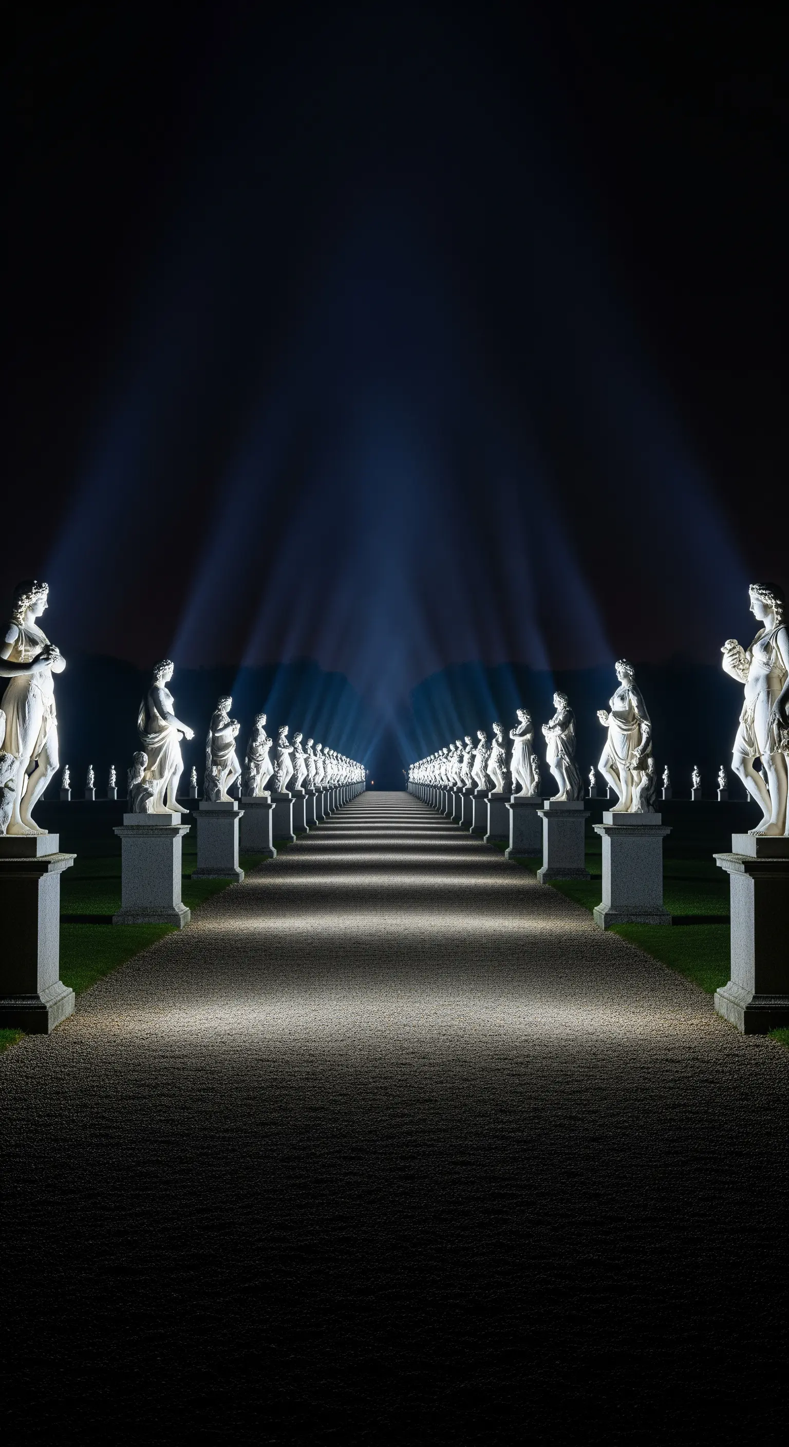 Lungo viale fiancheggiato da statue identiche, ognuna illuminata da un potente faretto verticale.