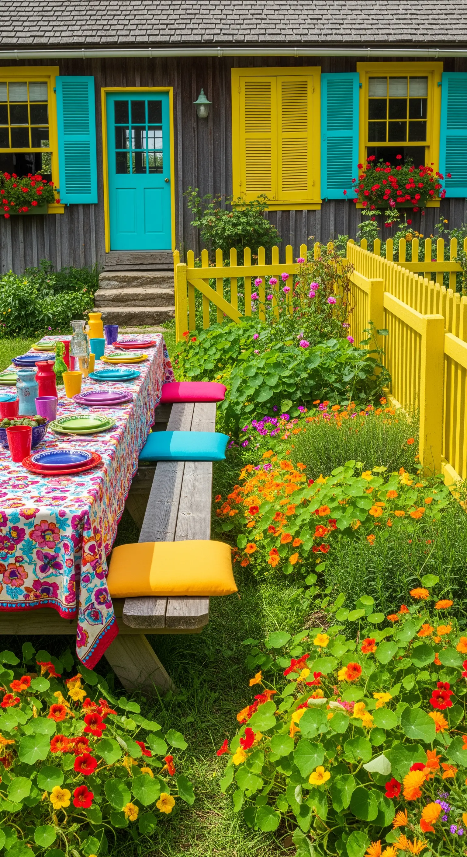 Giardino colorato con staccionata gialla, fiori vivaci e tavolo da festa.