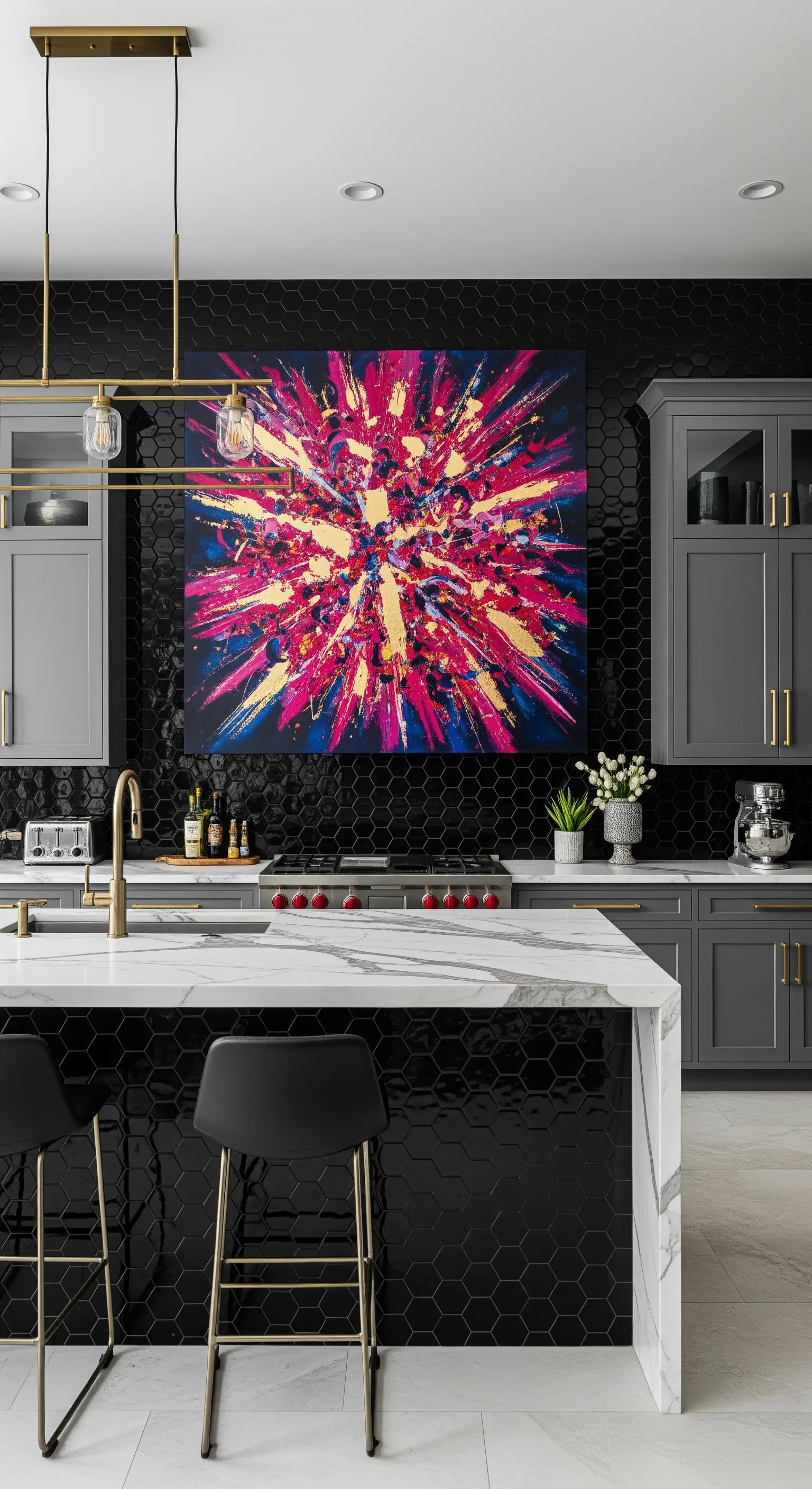 Cucina con piastrelle esagonali nere e un'arte astratta dai colori vivaci al centro.