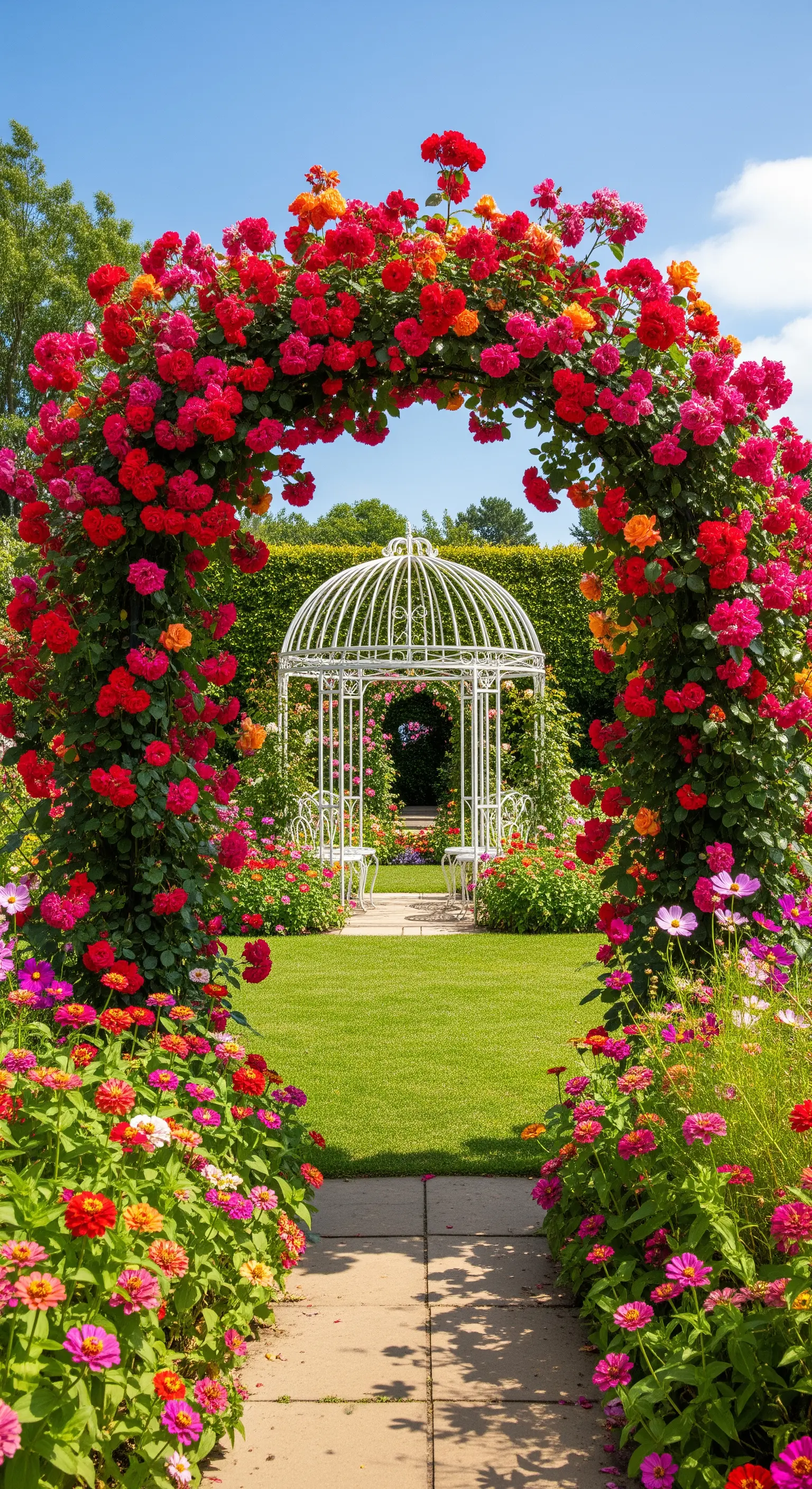 Arco lussureggiante ricoperto di rose multicolori (rosse, rosa, arancioni) che incornicia un gazebo bianco.