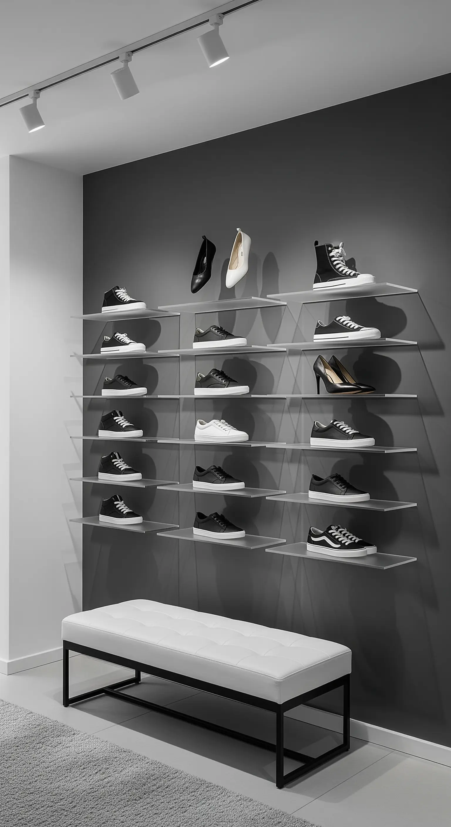 Parete grigia con scarpe esposte su mensole in vetro e panca bianca.