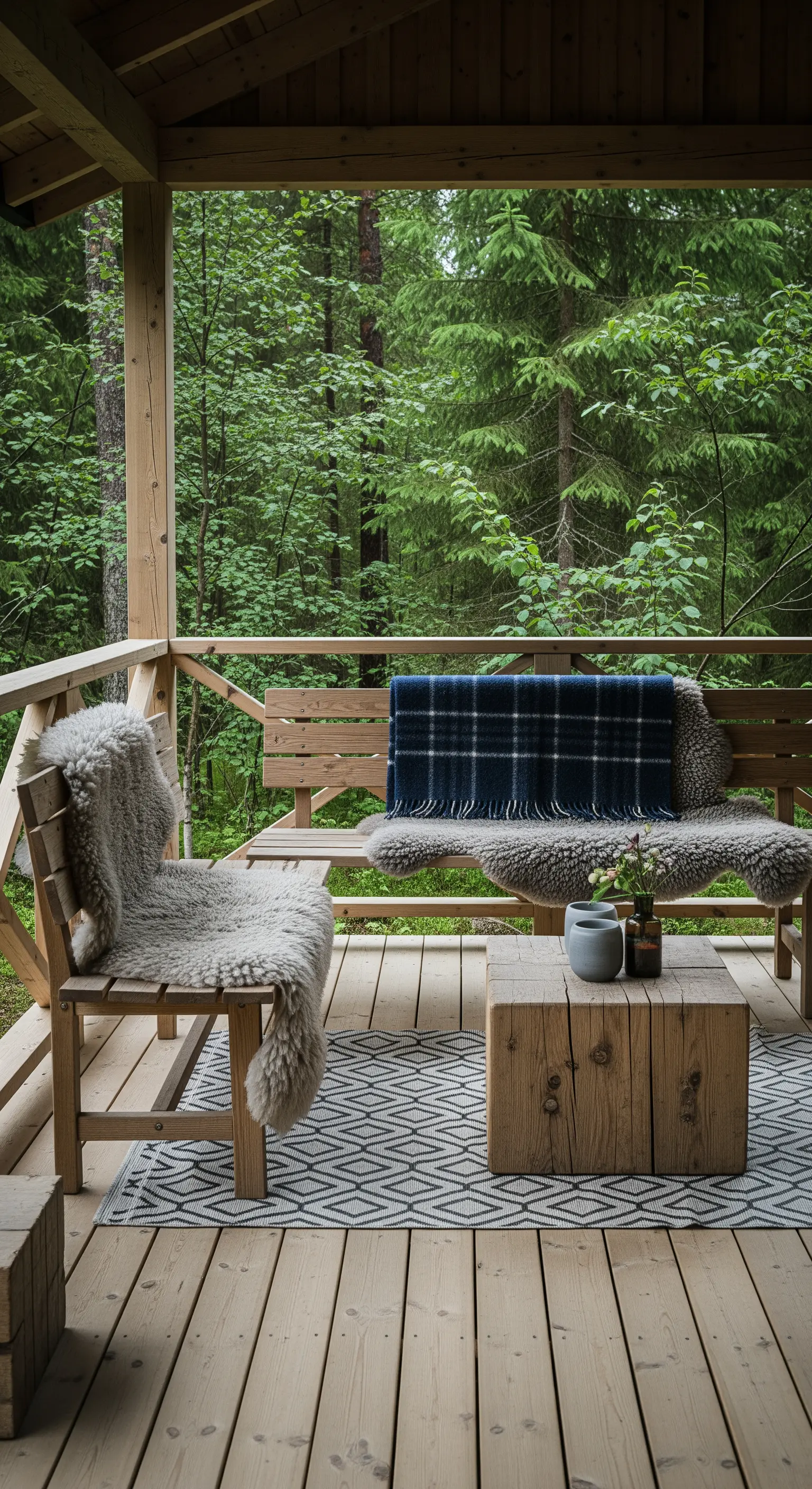 Portico rustico in legno con panche coperte di pelli di pecora e plaid blu