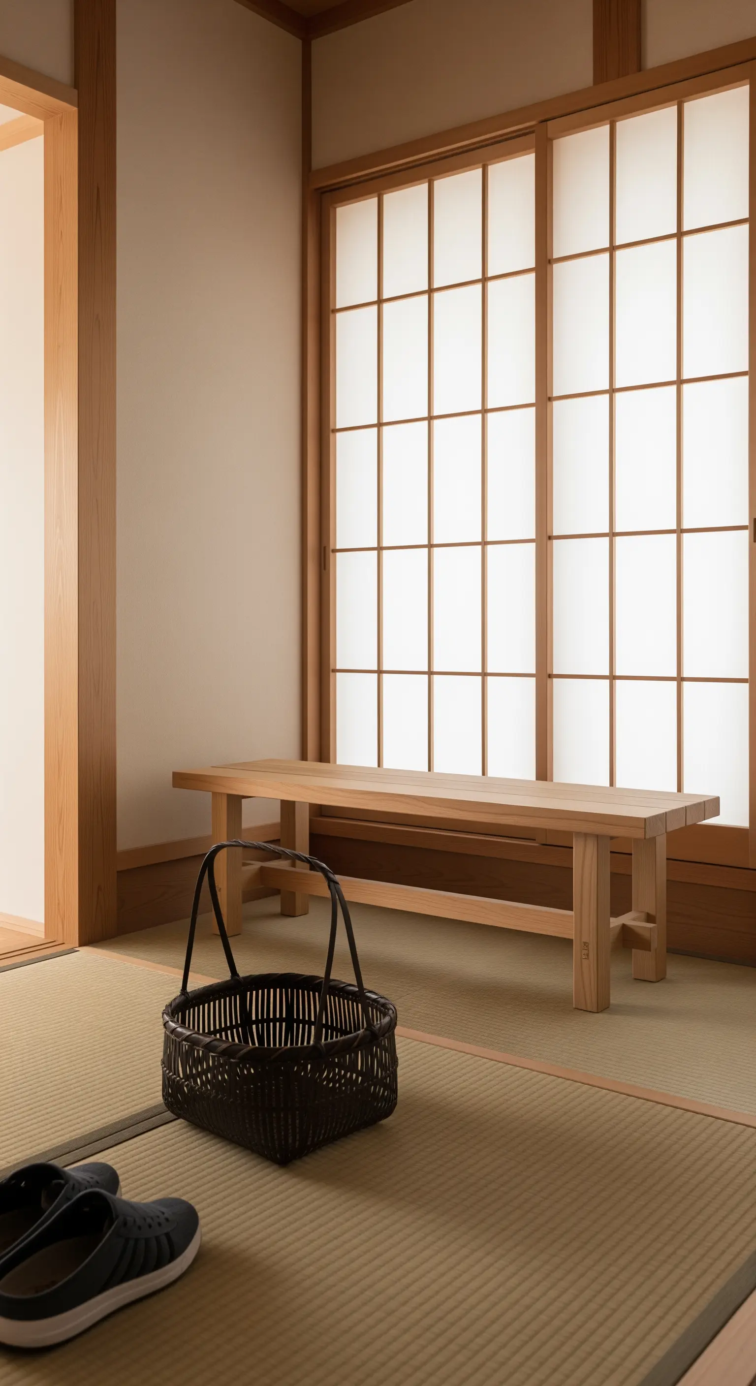 Ingresso in stile giapponese con panca bassa in legno, porta scorrevole shoji e cesto nero.