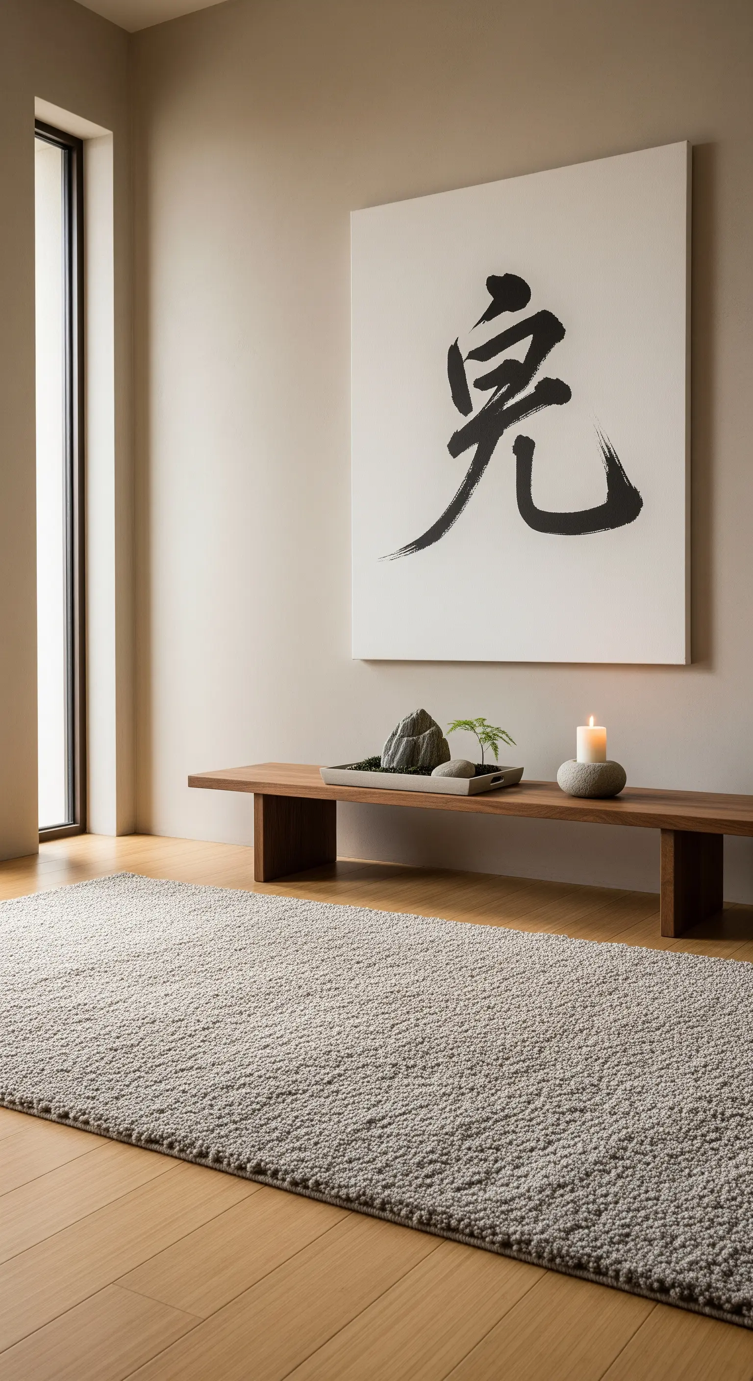 Ingresso minimalista in stile Japandi con tappeto grigio, panca bassa e quadro calligrafico.