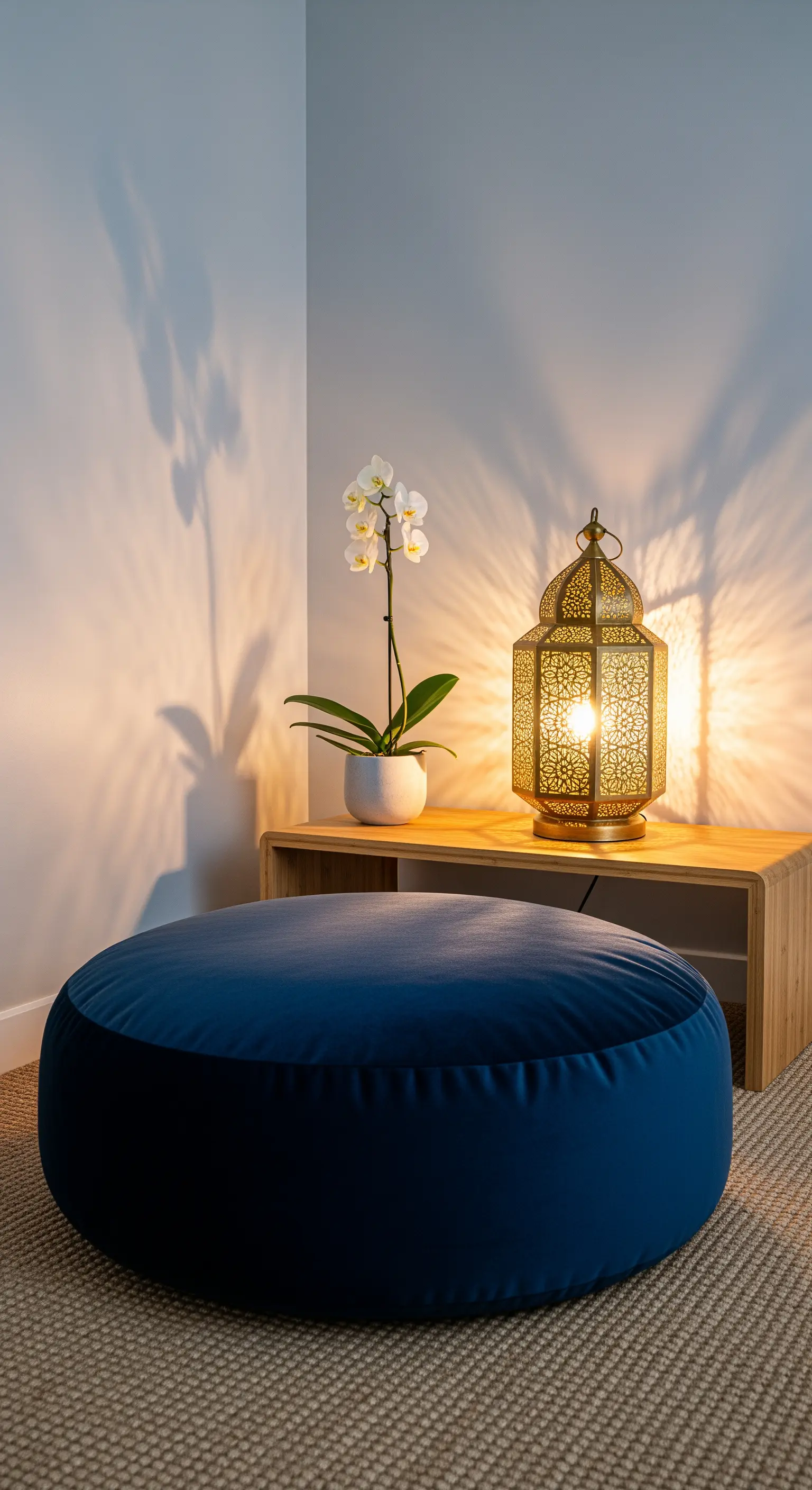 Pouf blu notte accanto a una lanterna marocchina dorata che proietta ombre decorative.