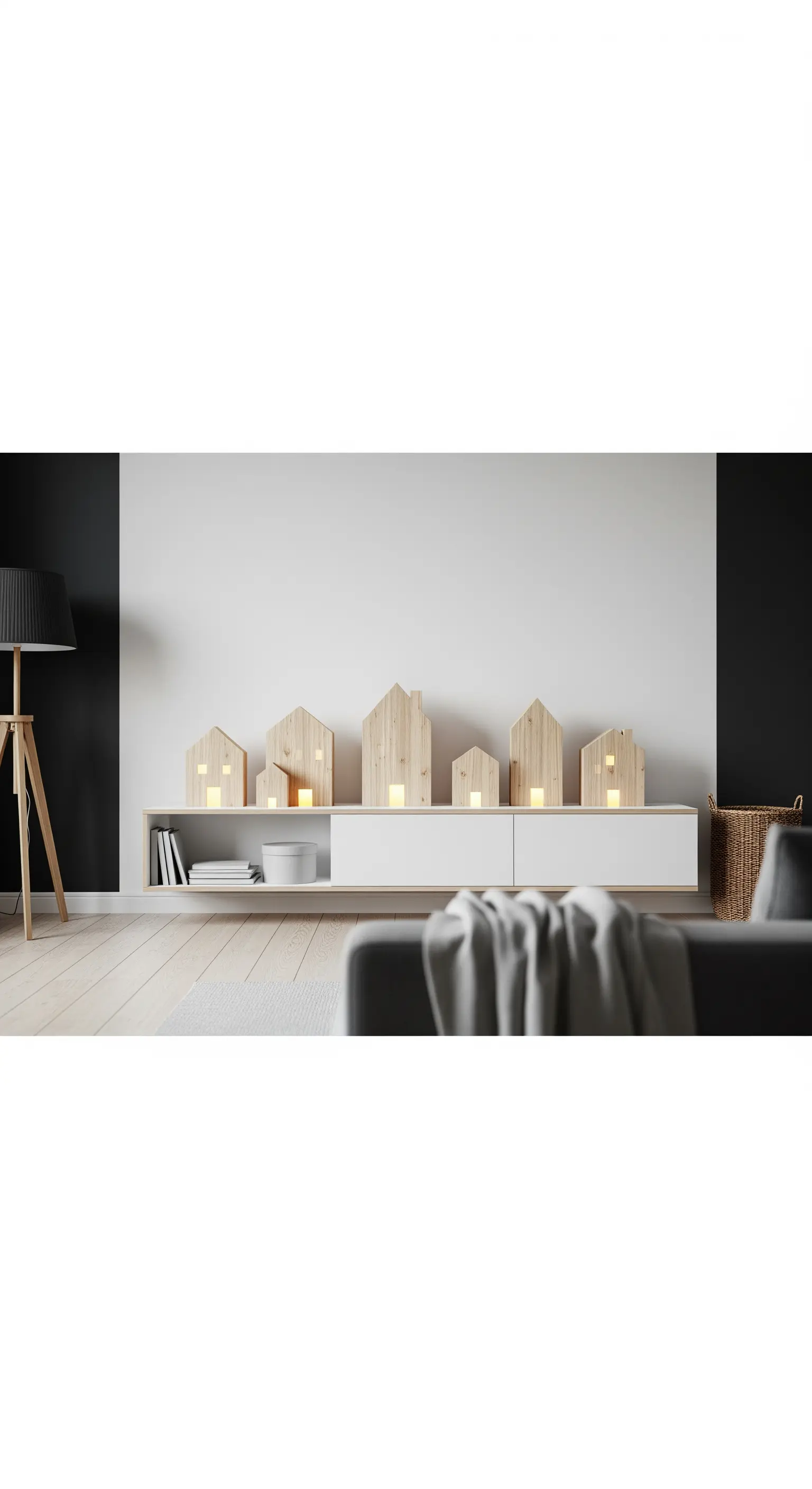 Decorazioni minimaliste a forma di casa in legno chiaro su un mobile TV bianco.