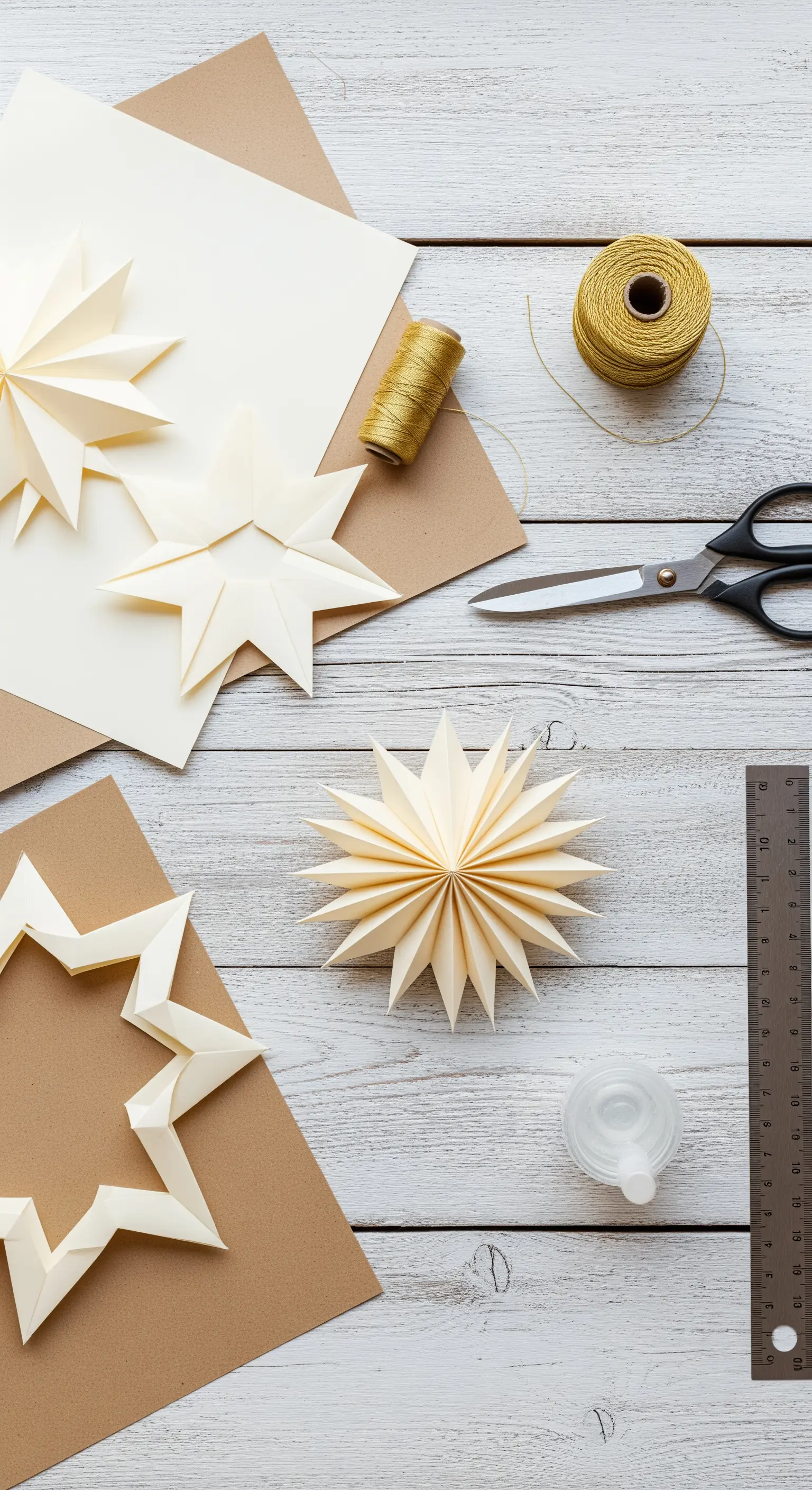 Materiali per creare stelle di carta: cartoncino, forbici, colla e filo dorato su un tavolo bianco