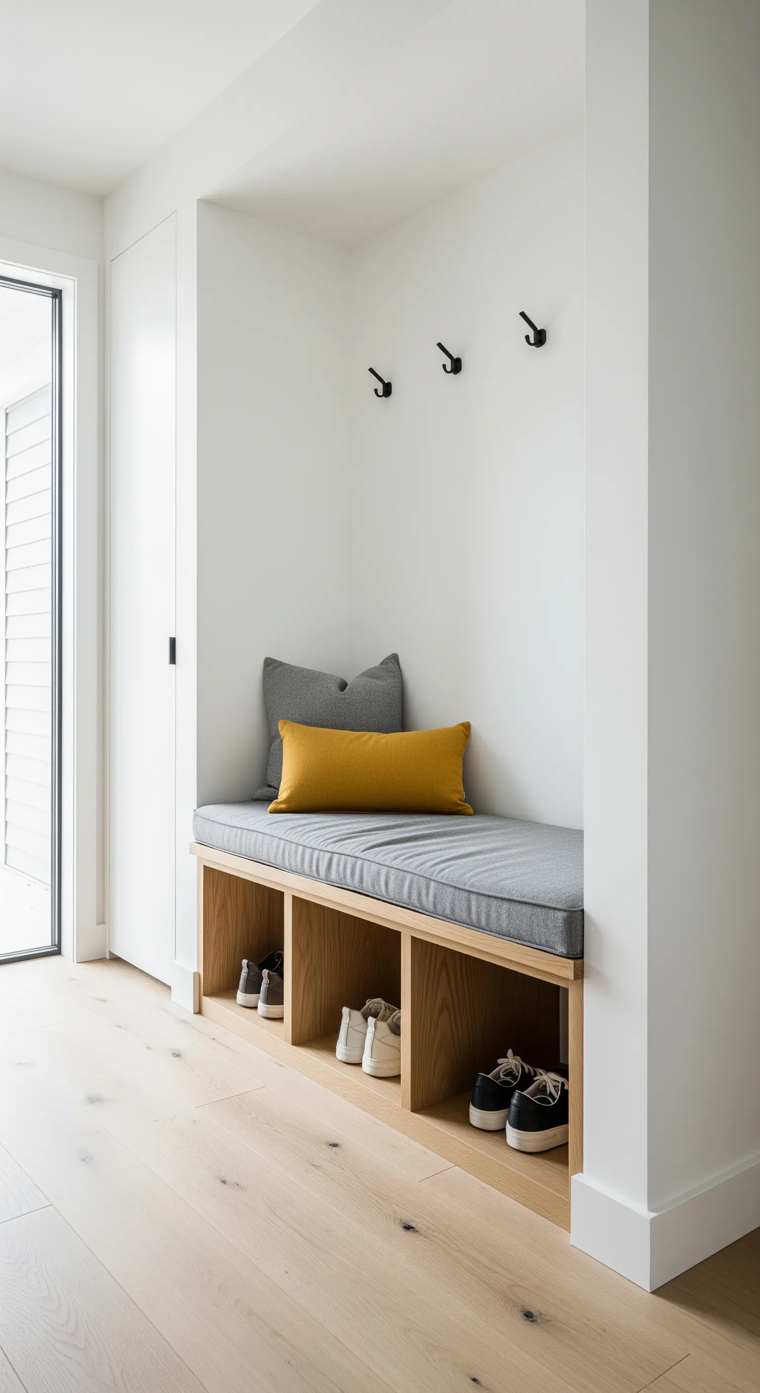 Panca in legno chiaro con vani a giorno, cuscino grigio e cuscino rettangolare senape.