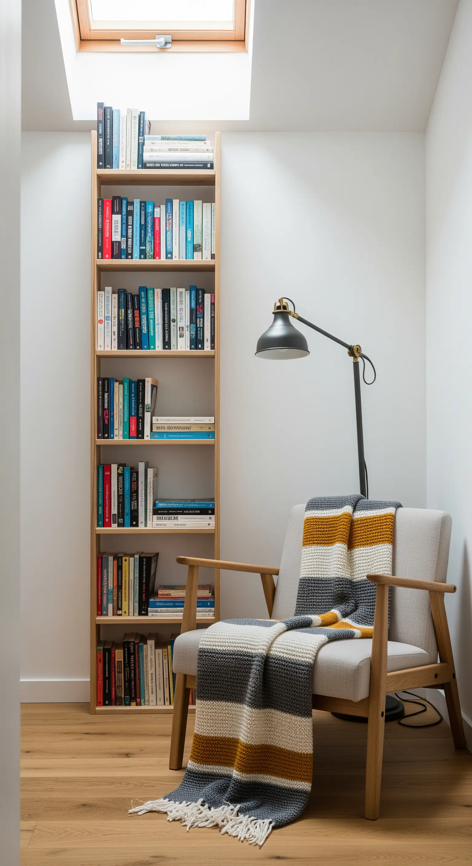Stretta libreria in legno accanto a una poltrona grigia con coperta a righe, sotto un lucernario.