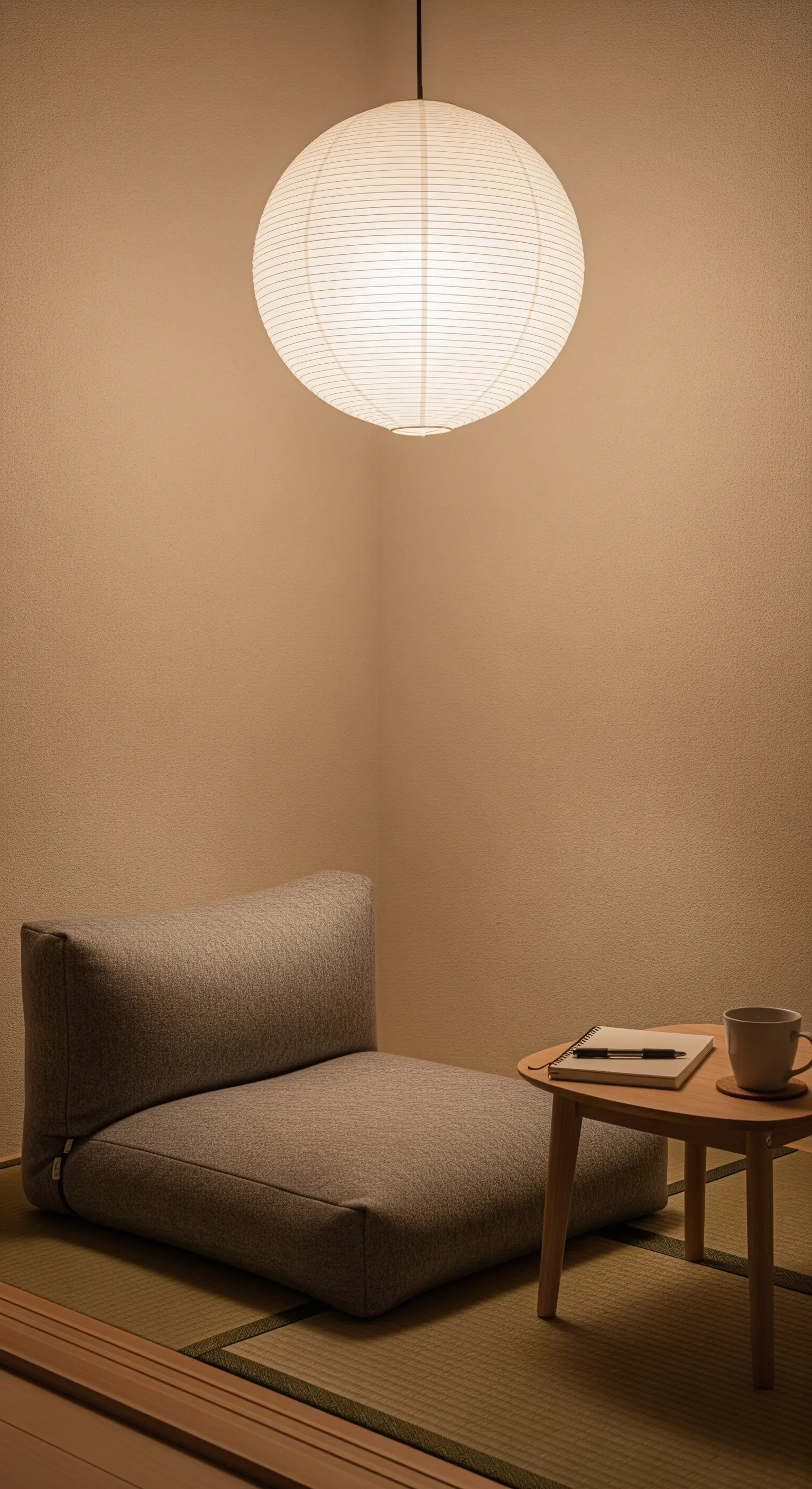 Angolo minimalista con seduta da terra grigia, tavolino in legno e una lampada di carta sospesa.
