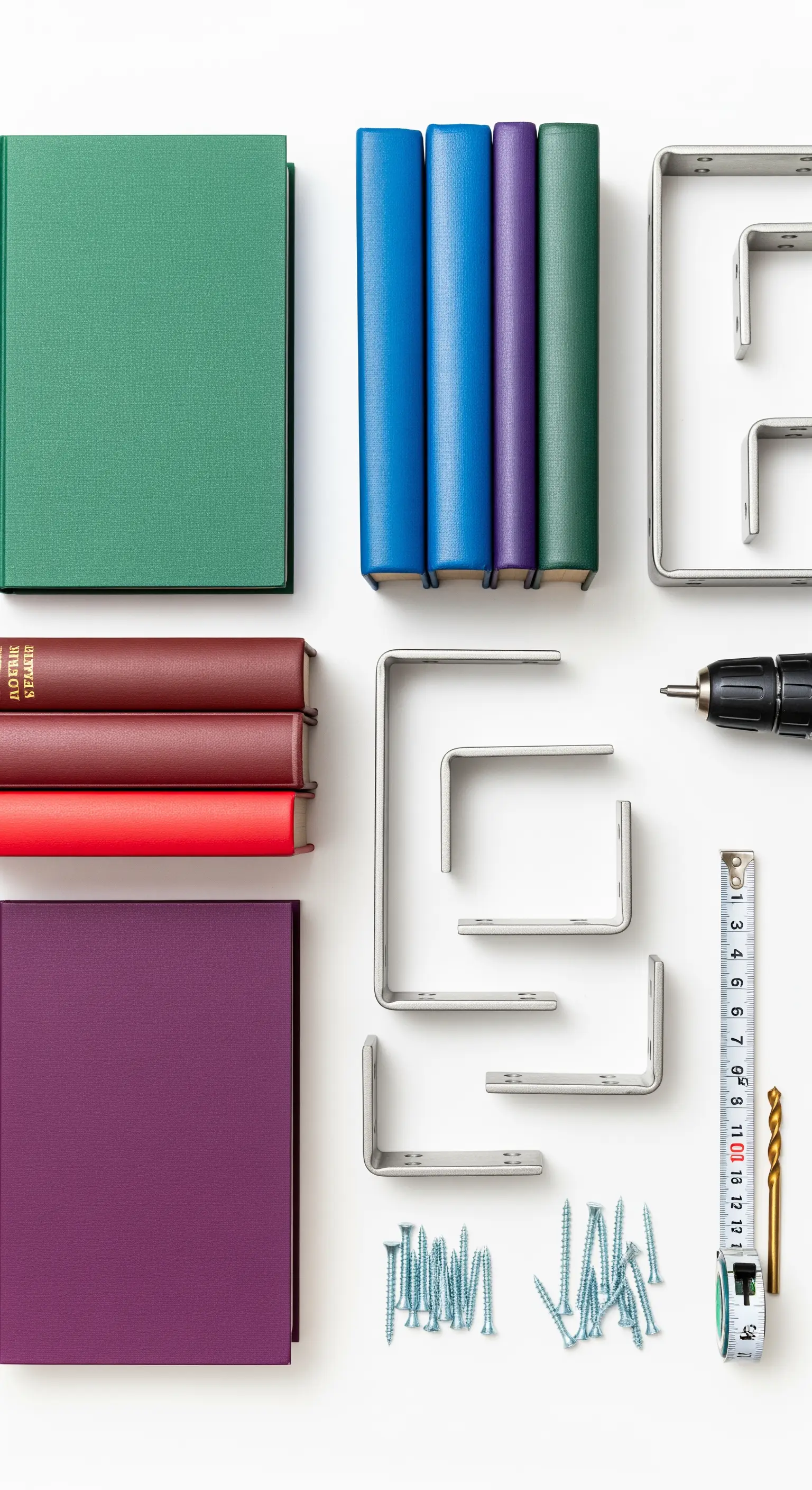 Kit di strumenti per creare mensole invisibili: libri, staffe metalliche, viti, trapano e metro.
