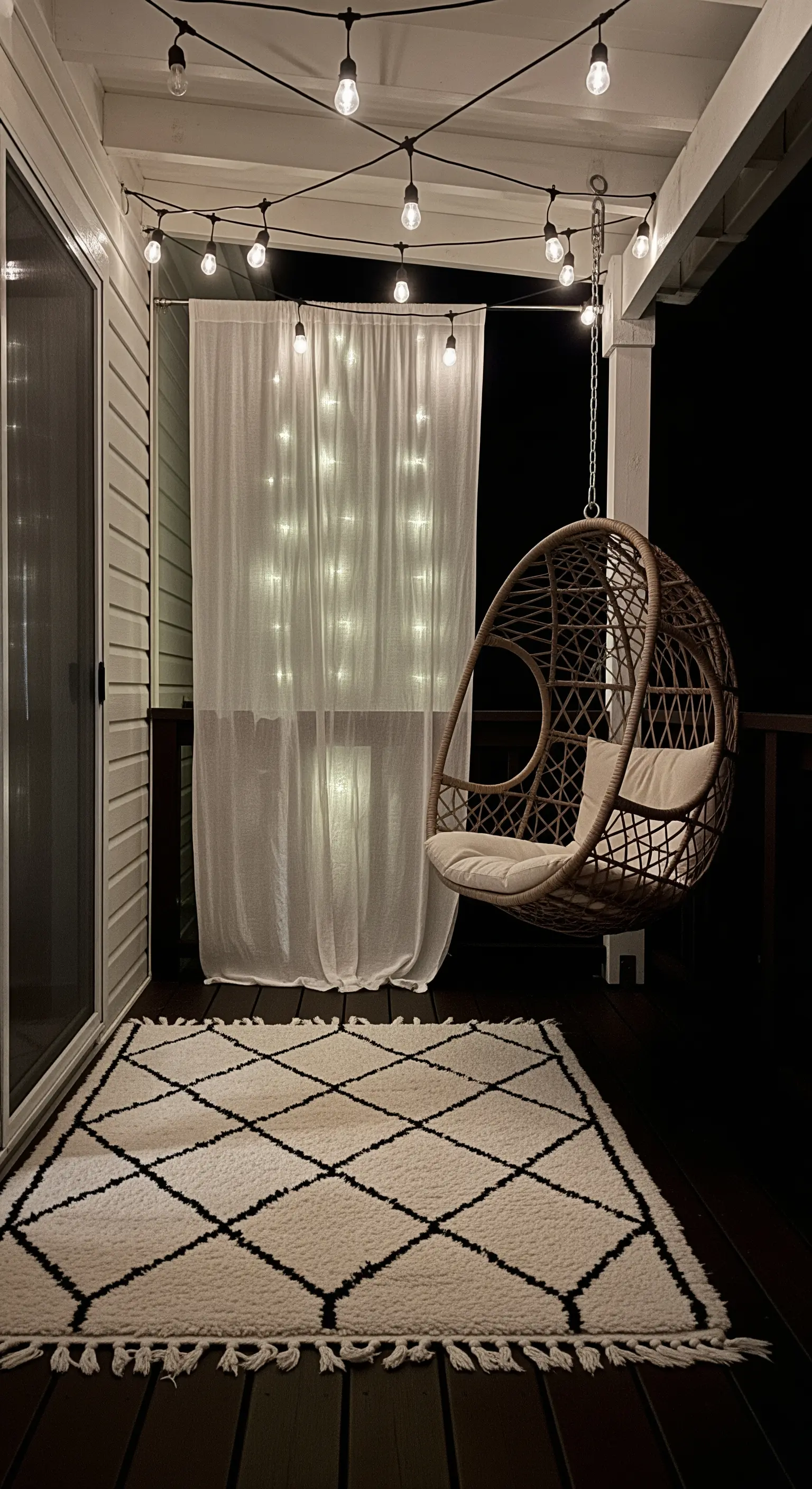 Angolo veranda con sedia sospesa in rattan, tappeto marocchino e tenda retroilluminata.