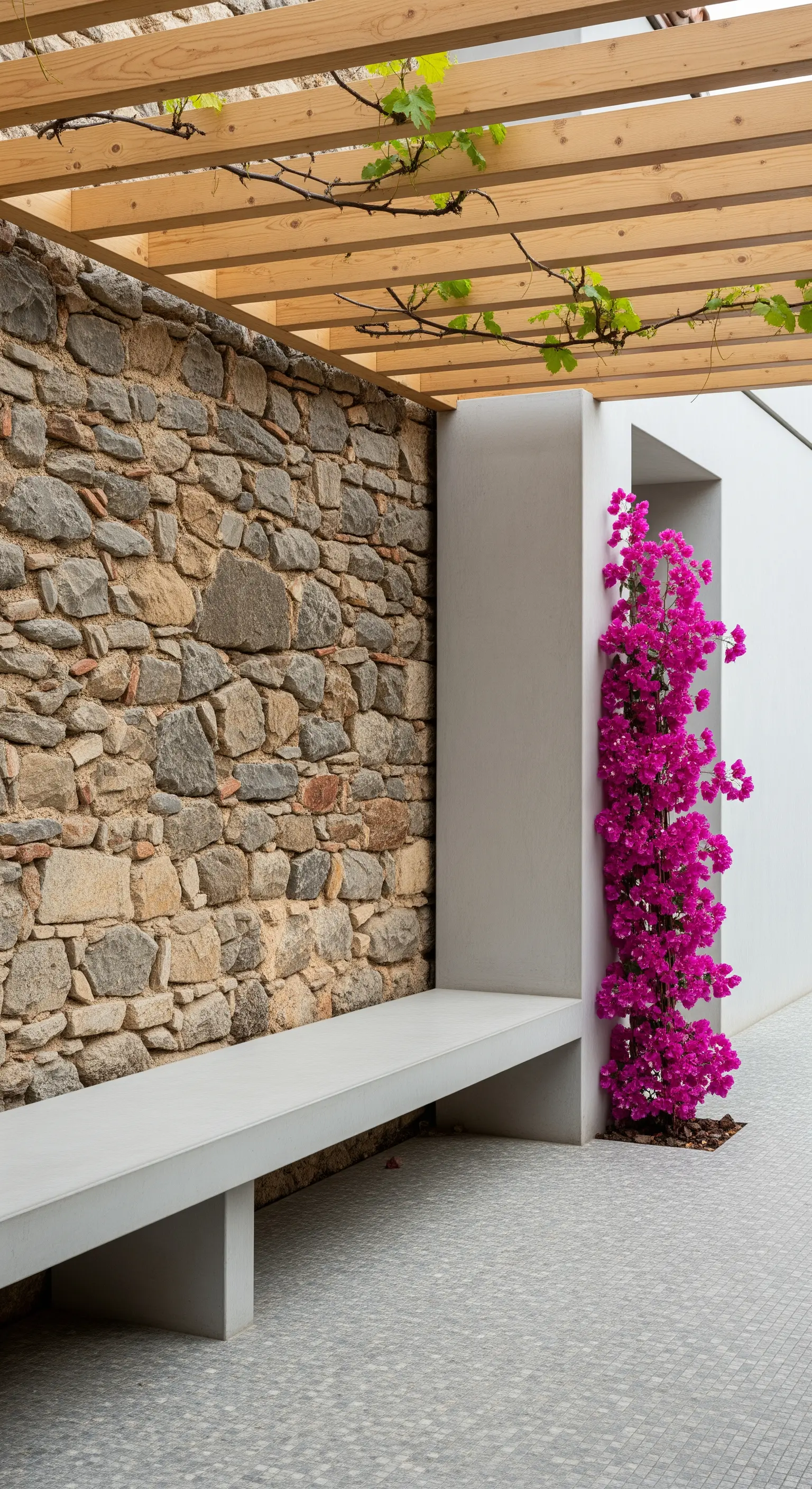 Angolo minimalista con muro in pietra, panca in cemento e bouganville fucsia.