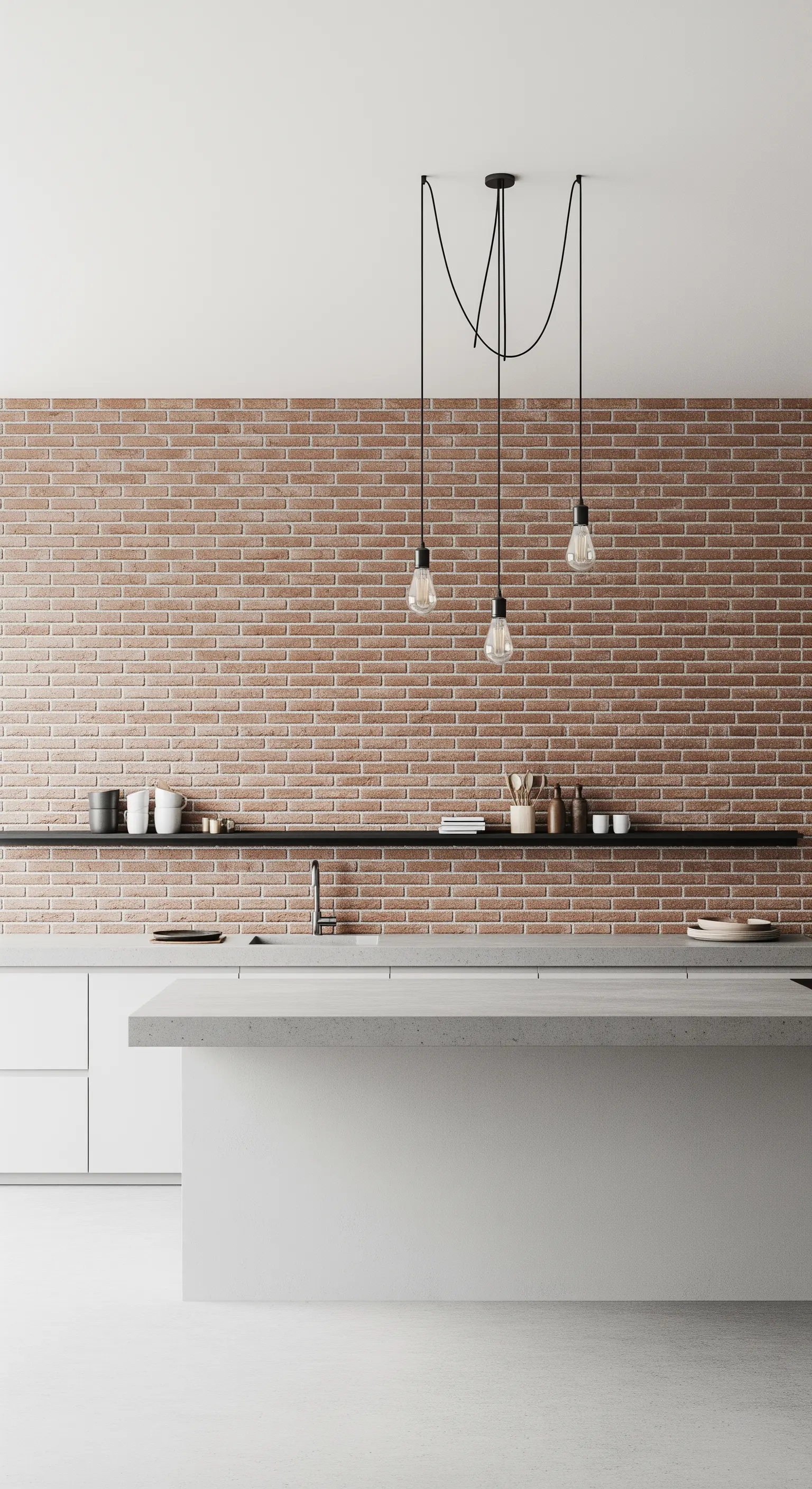 Cucina minimalista con una singola parete in mattoni a vista e isola bianca.