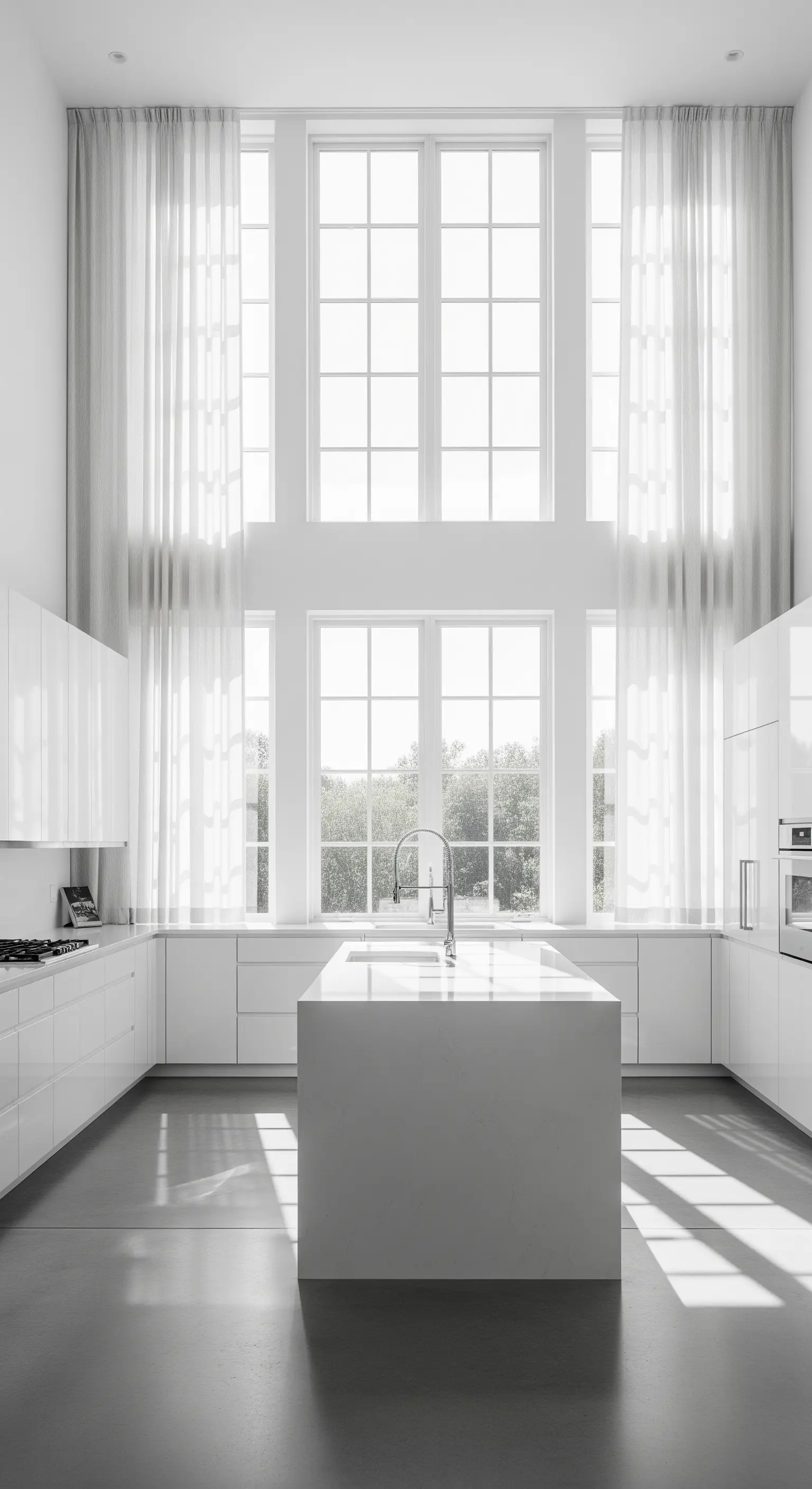 Cucina total white con isola in marmo e tende trasparenti su una finestra gigante.