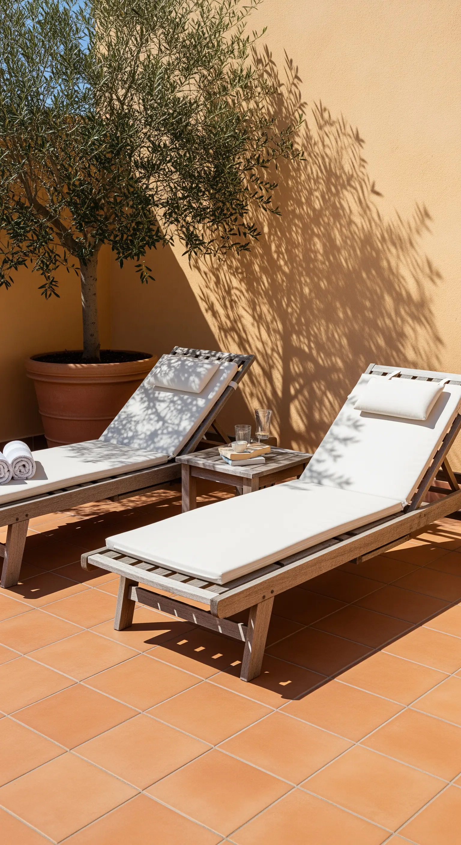 Due lettini prendisole in legno con cuscini bianchi su una terrazza in cotto.