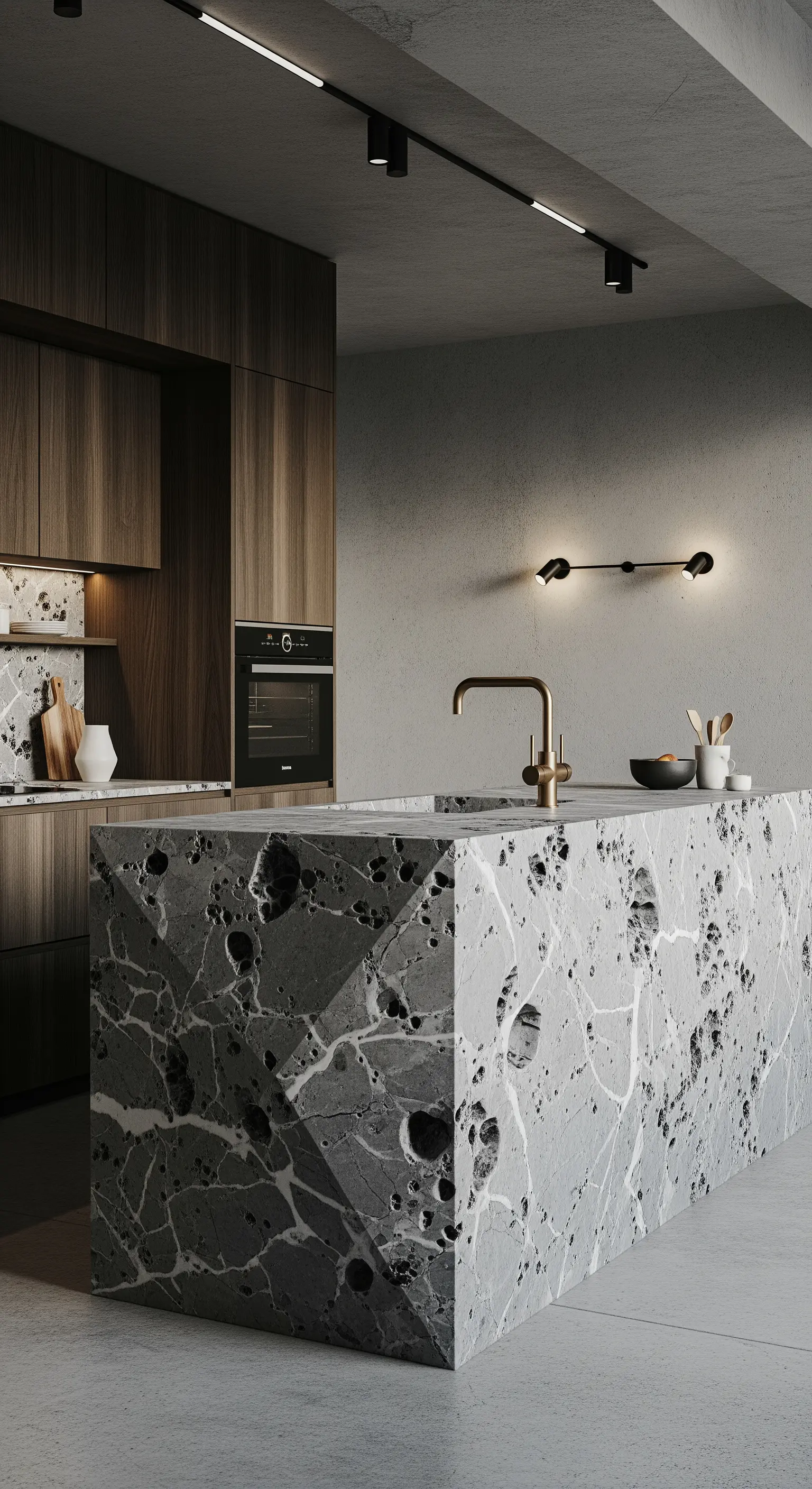 Isola monolitica in pietra grigia porosa dall'aspetto brutalista in una cucina minimalista con pareti in cemento.