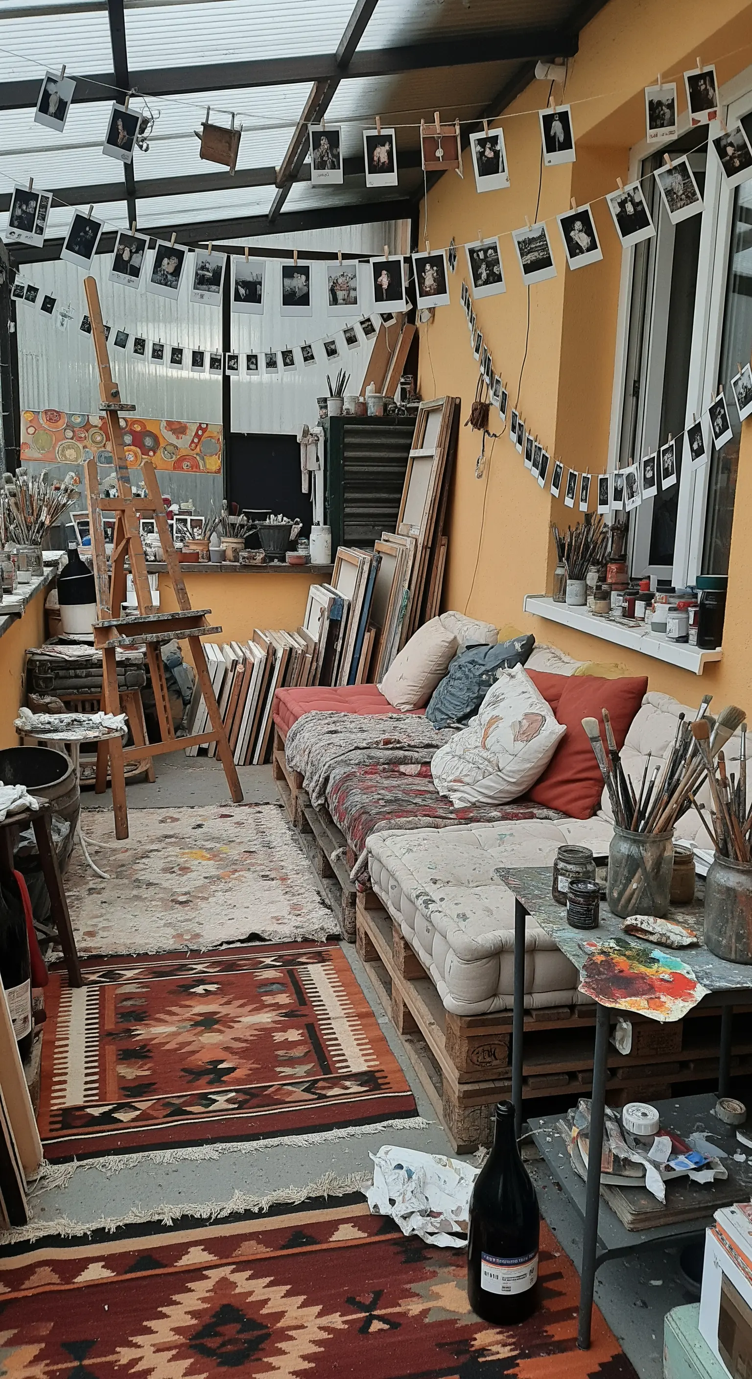 Studio d'artista in veranda con divani in pallet, tele e una ghirlanda di fotografie.