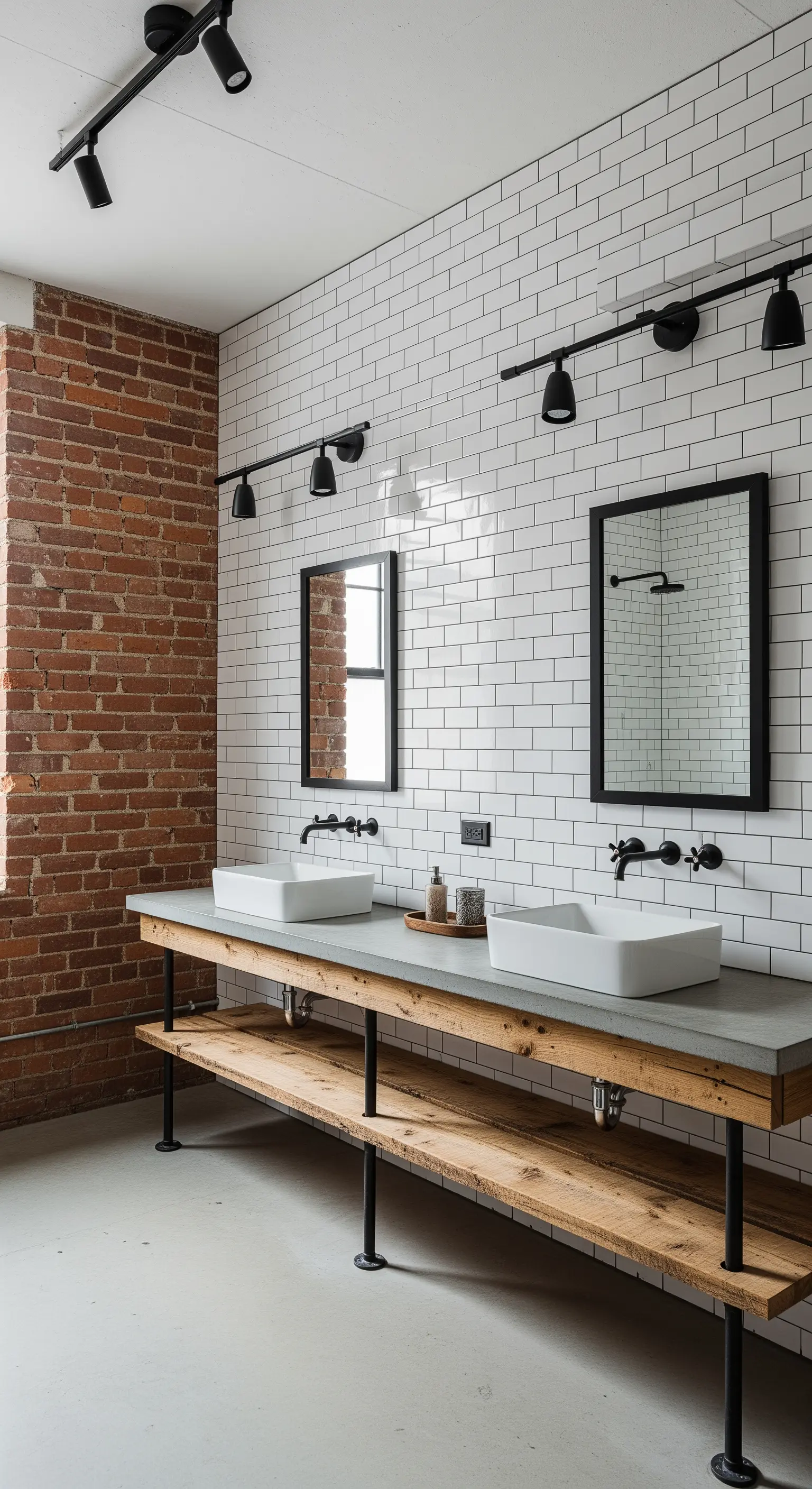 Mobile bagno in stile industriale con top in cemento, legno grezzo e tubi neri.