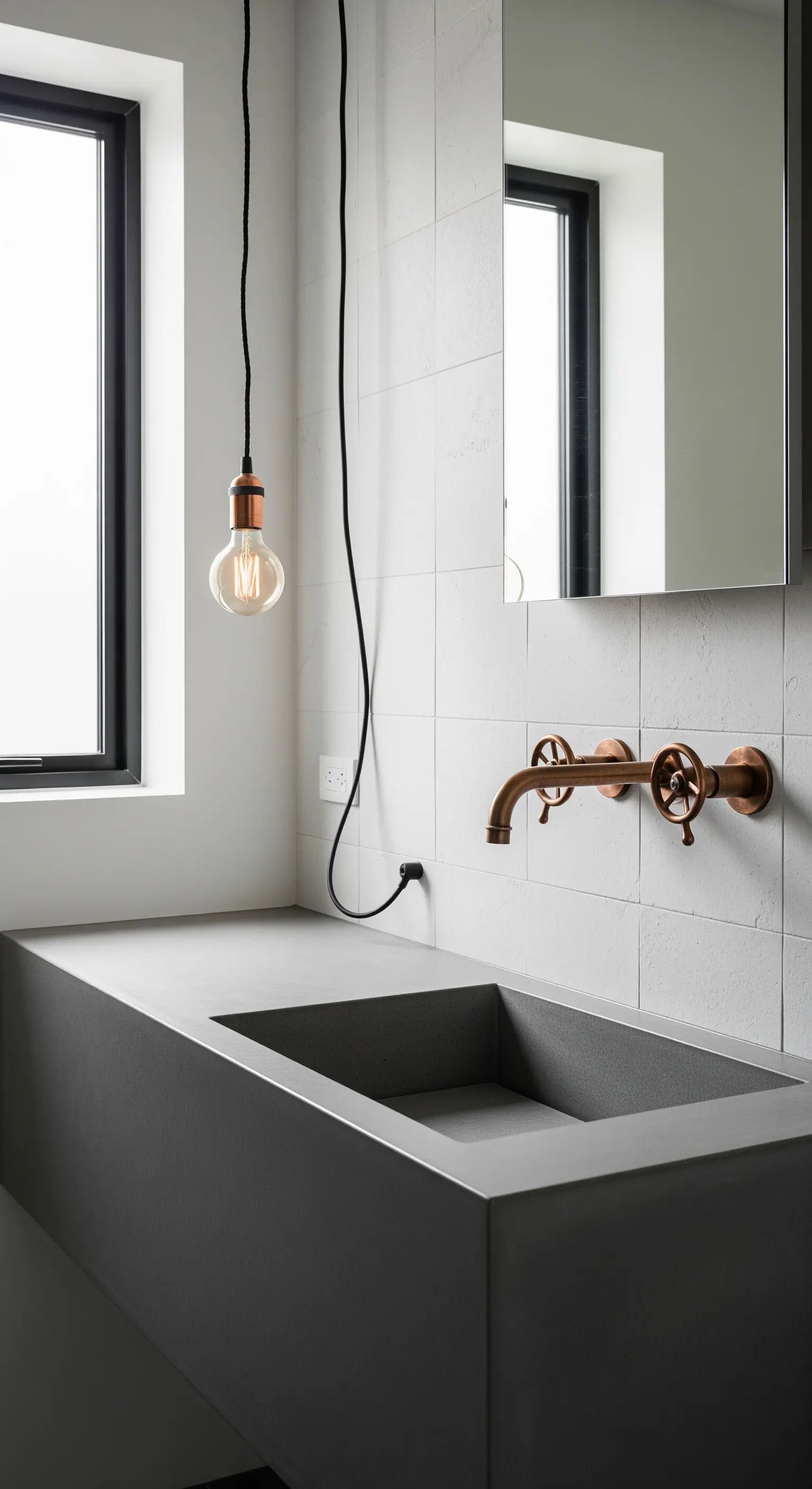 Lavabo in cemento con rubinetto a parete in rame e lampadina a sospensione.