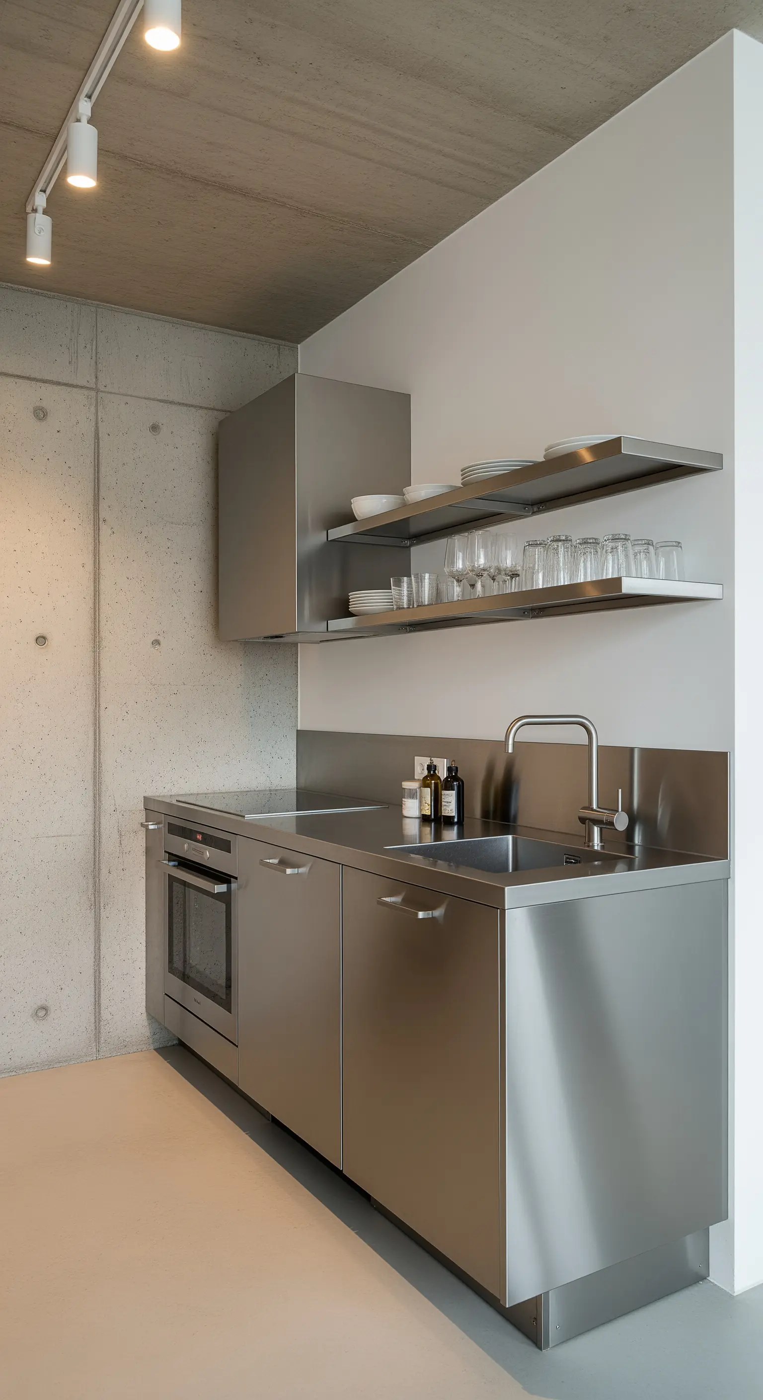 Piccola cucina compatta interamente in acciaio inox, con parete in cemento e mensole a vista.