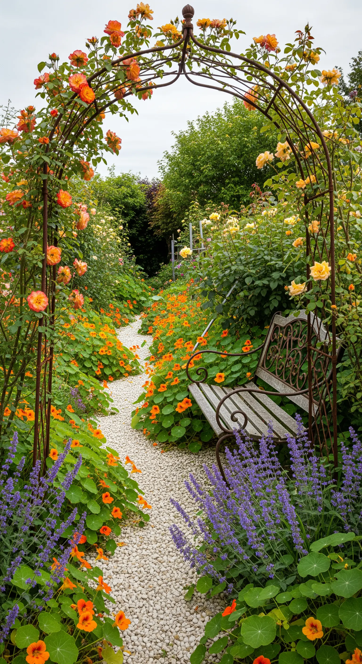 Panchina in un giardino rigoglioso in stile cottage, con arco arrugginito e fiori arancioni.