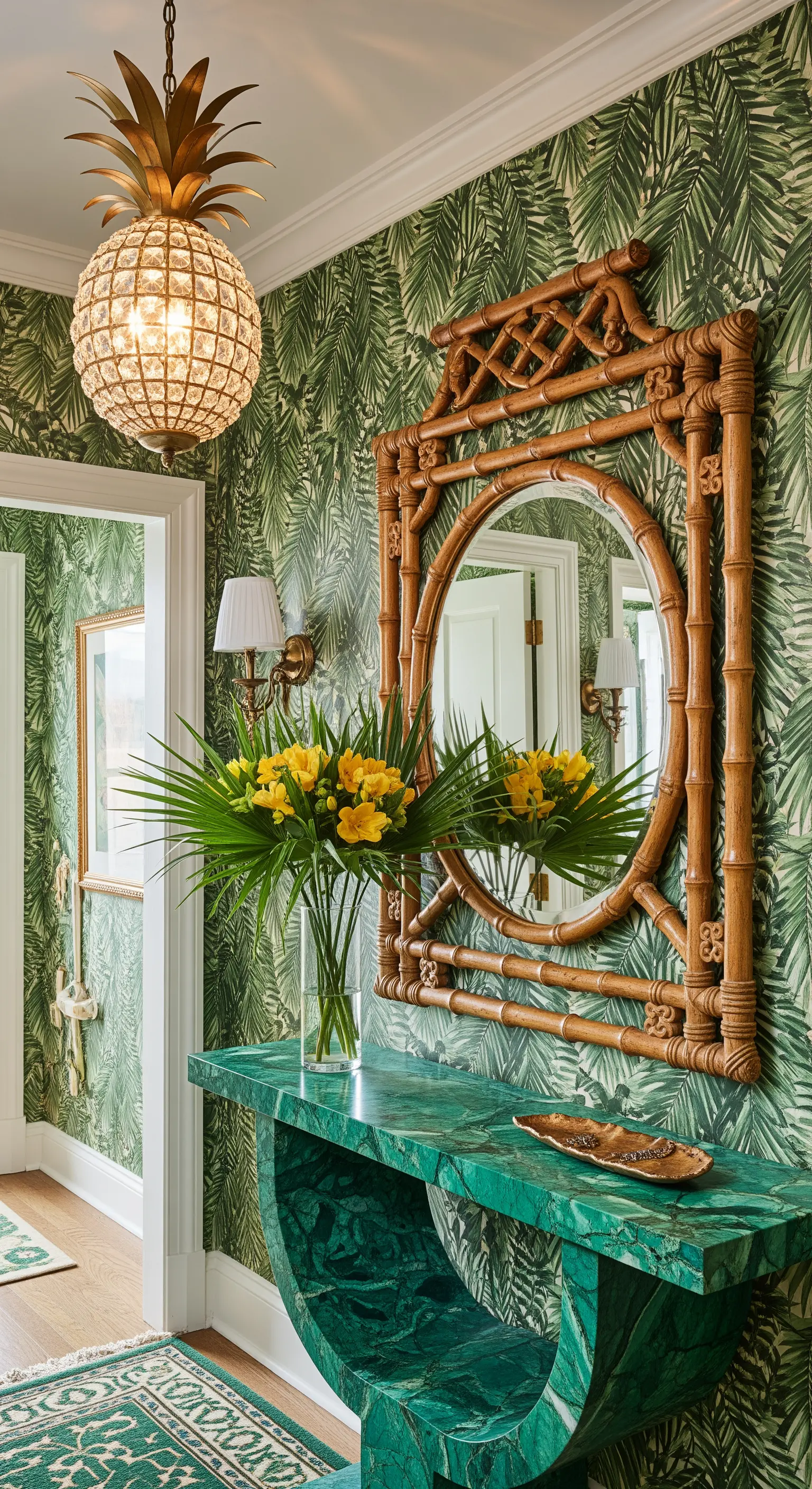 Ingresso tropicale con carta da parati a foglie di palma, specchio in bambù e consolle verde.